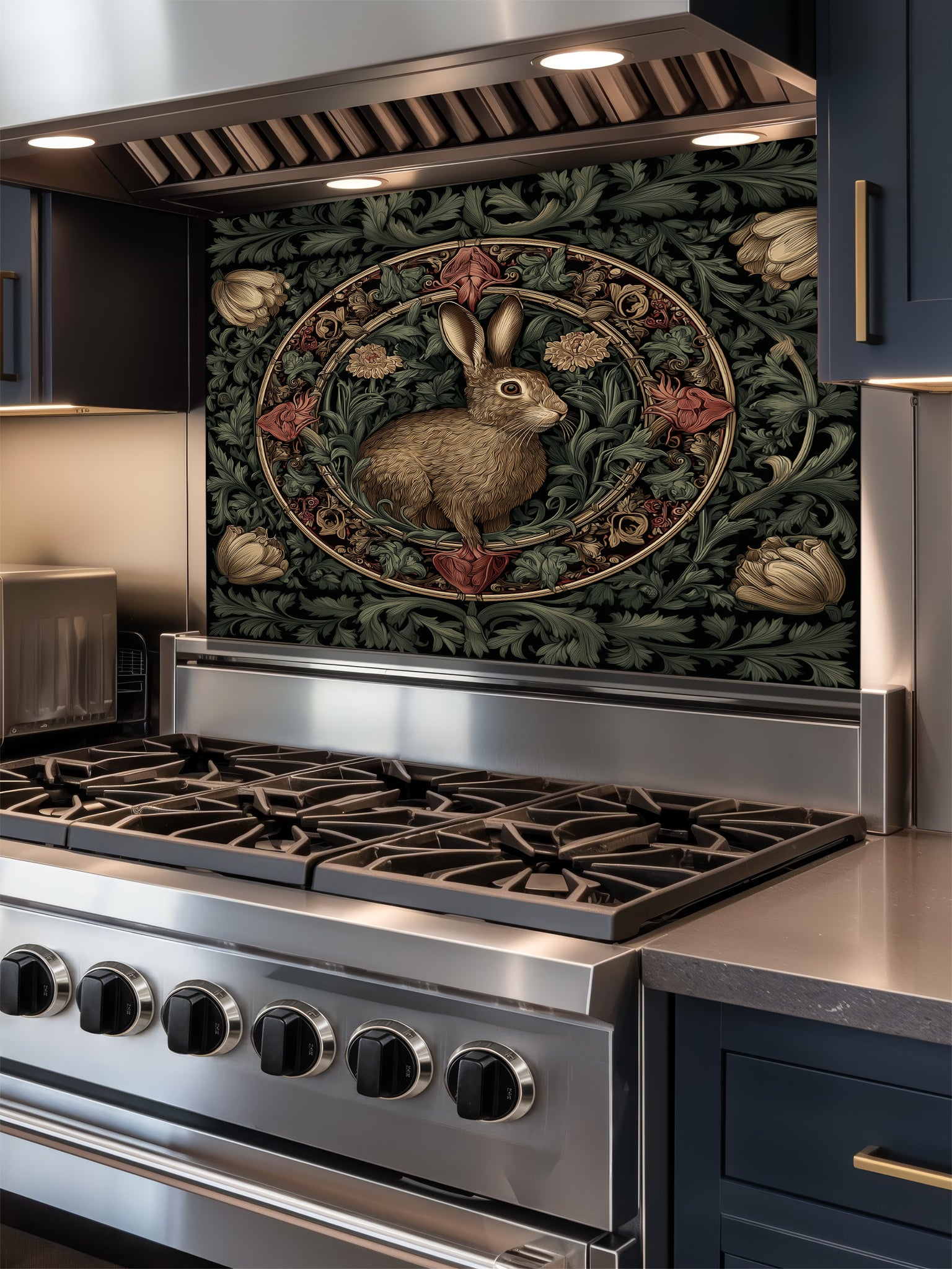 Tempered glass kitchen backsplash featuring a vintage-style dark botanical design with an ornate circular floral frame enclosing a classic illustration of a brown woodland hare, installed behind a modern stainless steel stove.