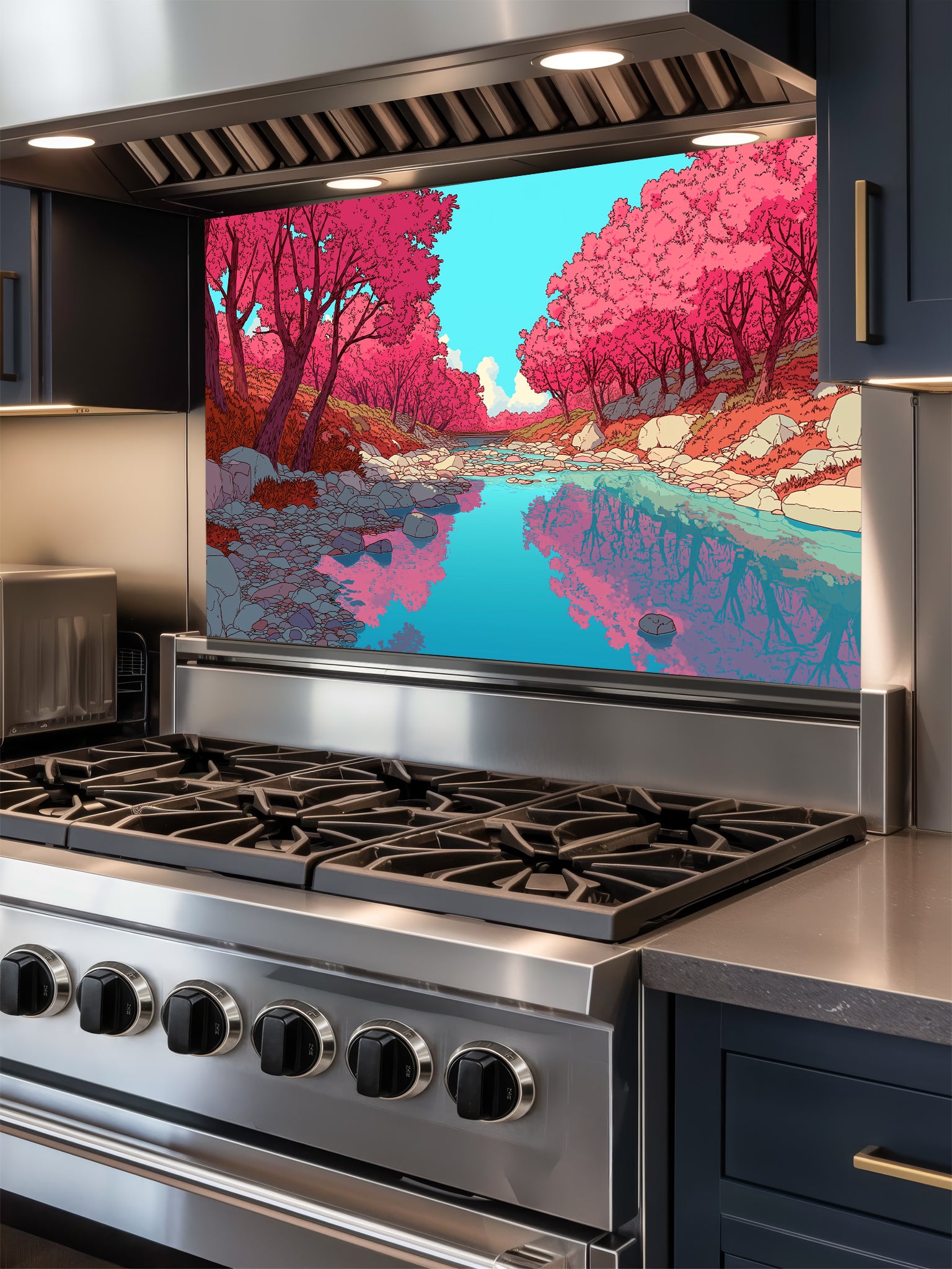 Anime style vibrant pink cherry blossom trees reflecting in a peaceful blue river, UV printed on a smooth tempered glass kitchen backsplash, installed behind a modern stove.