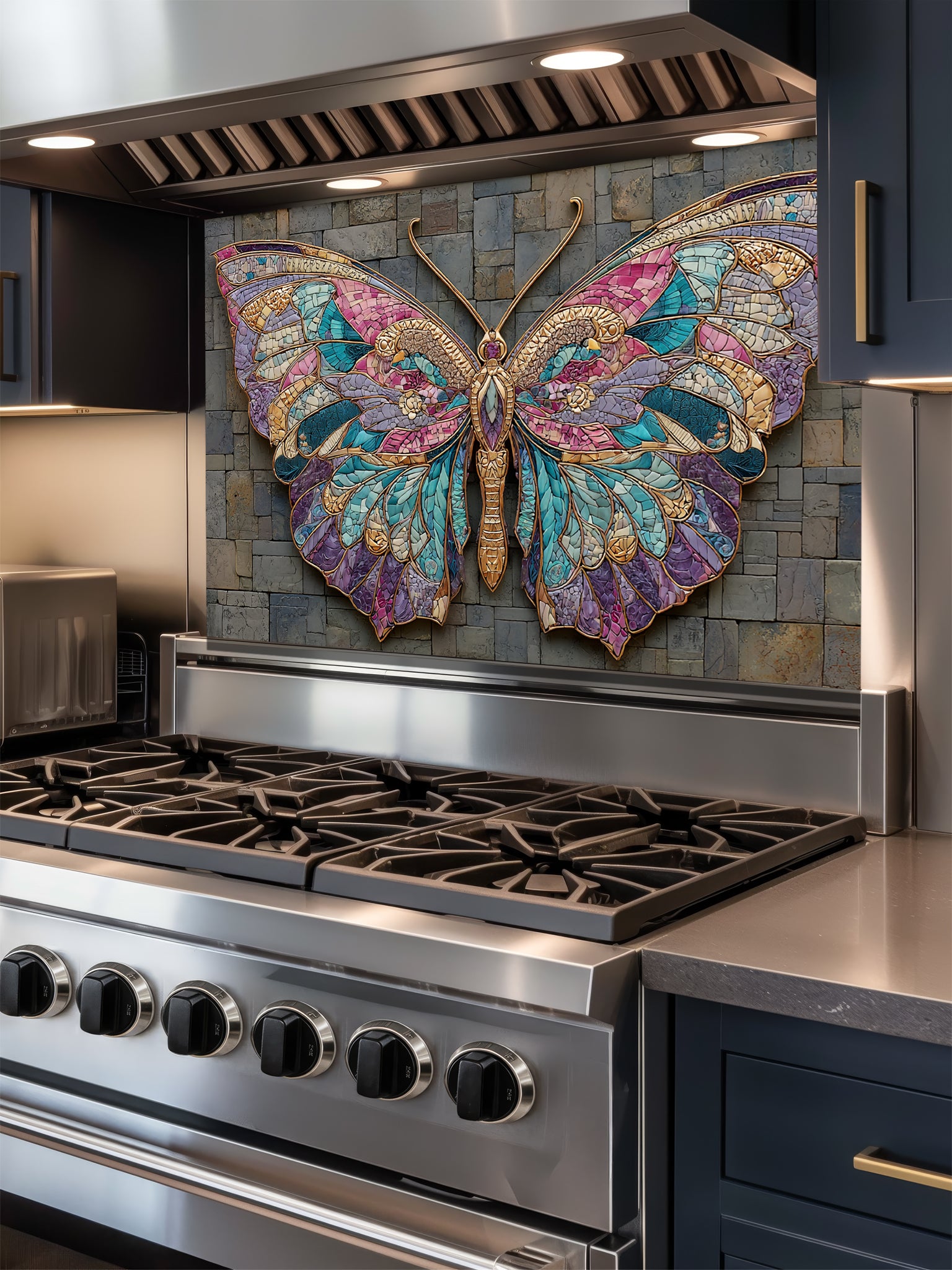 Tempered glass kitchen backsplash featuring a highly realistic 3D illusion of mixed-media art, showing a vibrant mosaic butterfly in jewel tones of teal, purple, and gold resting against a rugged, textured dark grey slate stone brick background, installed behind a modern black stove.