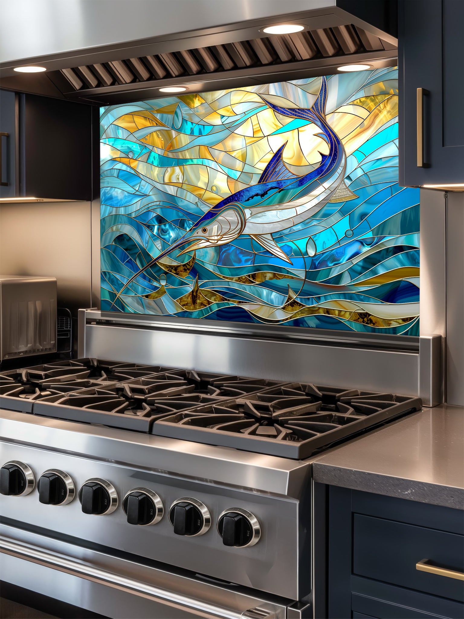 Tempered glass kitchen backsplash featuring a highly realistic 3D illusion of stained glass art showing a majestic blue marlin leaping through swirling ocean waves in vibrant blues and glowing amber tones, installed behind a modern stainless steel stove.