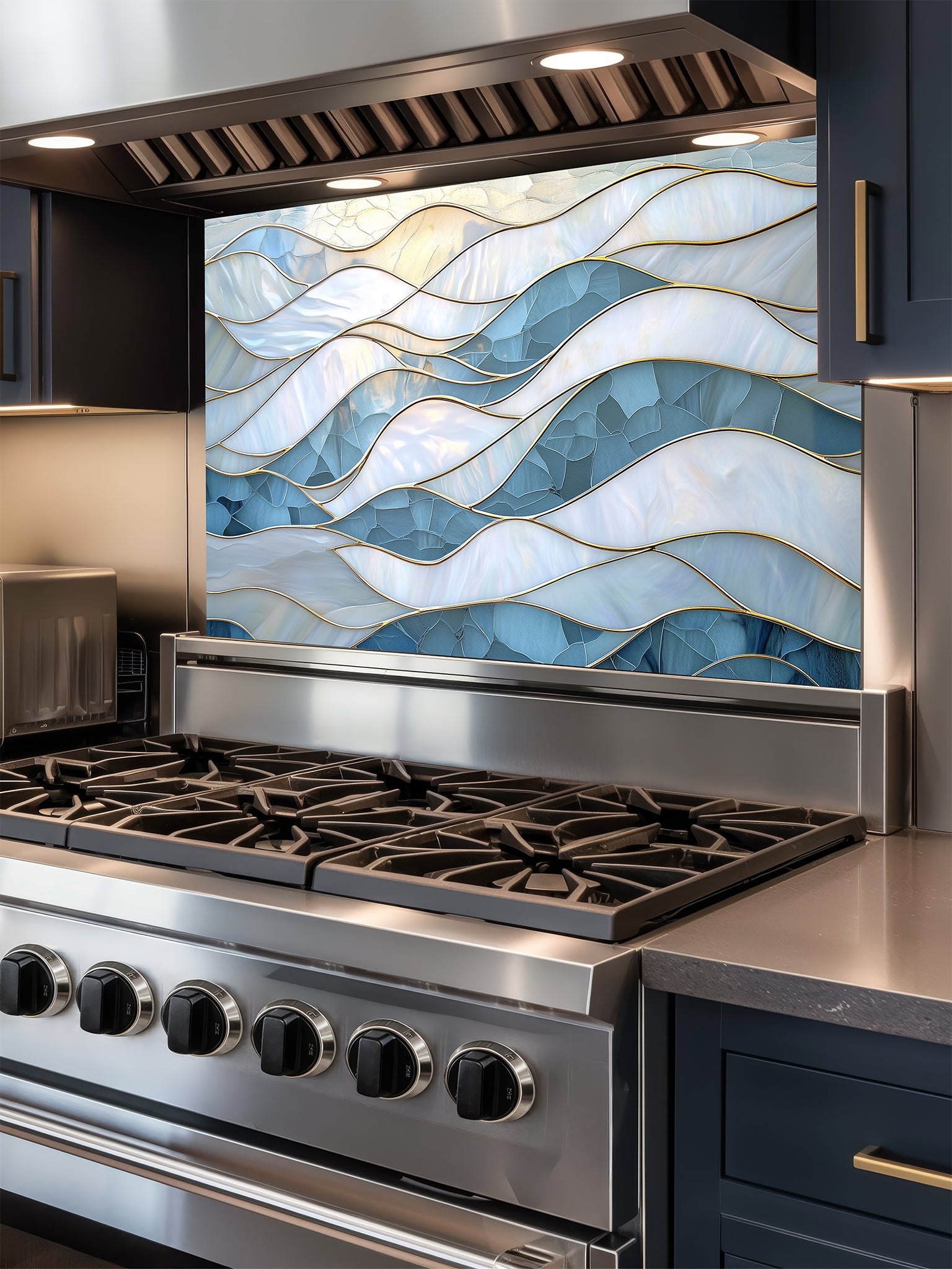 Tempered glass kitchen backsplash featuring a serene faux stained glass design of layered, flowing waves in icy blue and pearlescent white, separated by elegant gold outlines, installed behind a modern stainless steel stove.