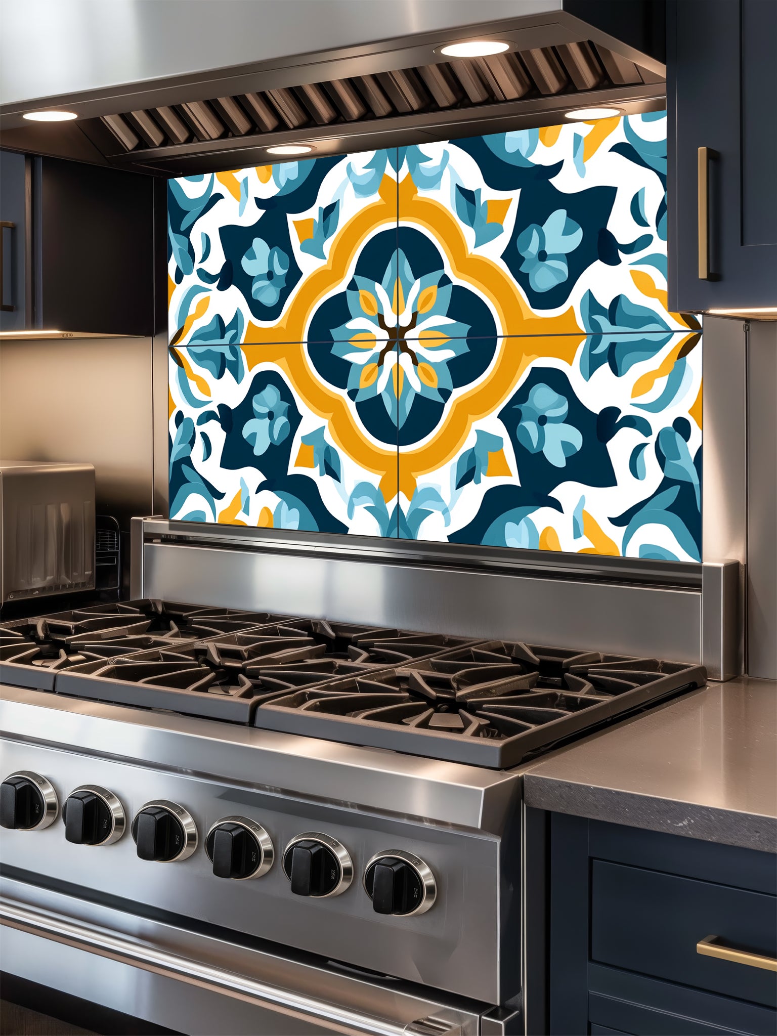 Tempered glass kitchen backsplash featuring a highly realistic illusion of traditional Mediterranean or Portuguese Azulejo tiles, showcasing a bold geometric floral pattern in vibrant teal, yellow, and navy blue on a crisp white background, installed behind a modern black stove.