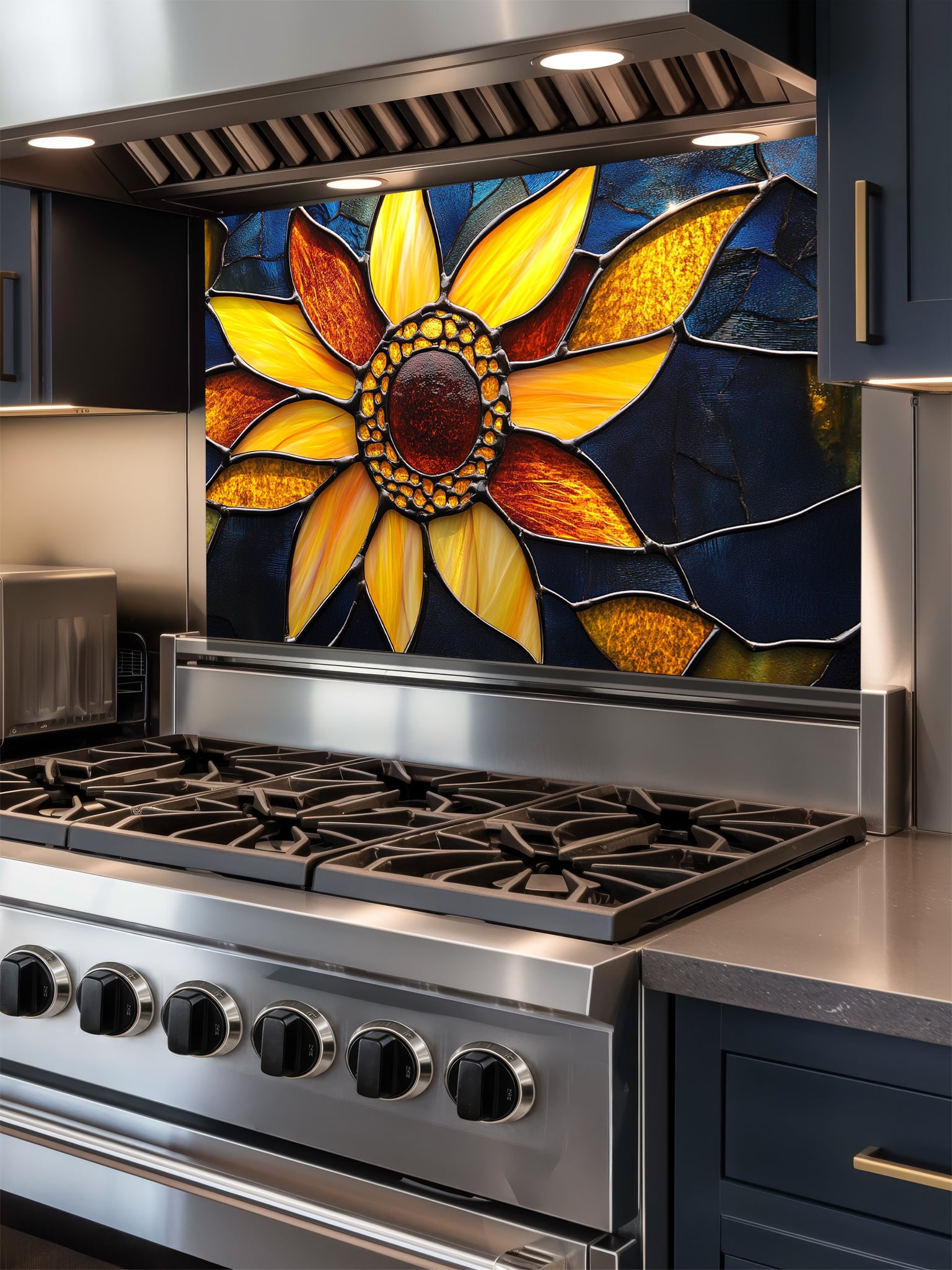 Stained glass style macro sunflower with vibrant yellow petals against a dark blue background, UV printed on a smooth tempered glass kitchen backsplash.