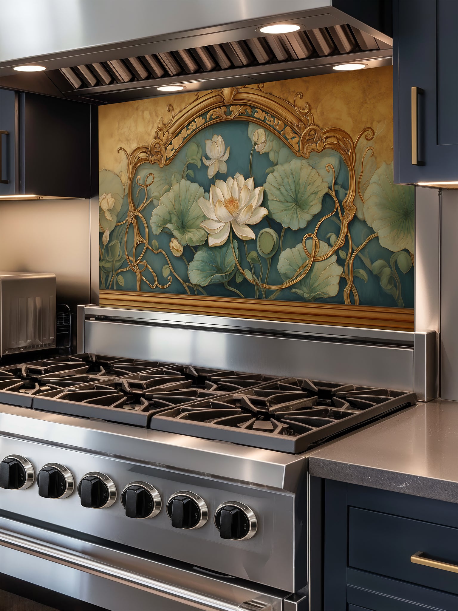 Tempered glass kitchen backsplash featuring a realistic 3D-effect ornate vintage gold frame enclosing a classic painting of white lotus flowers and lily pads on a teal background, installed behind a modern stainless steel stove.
