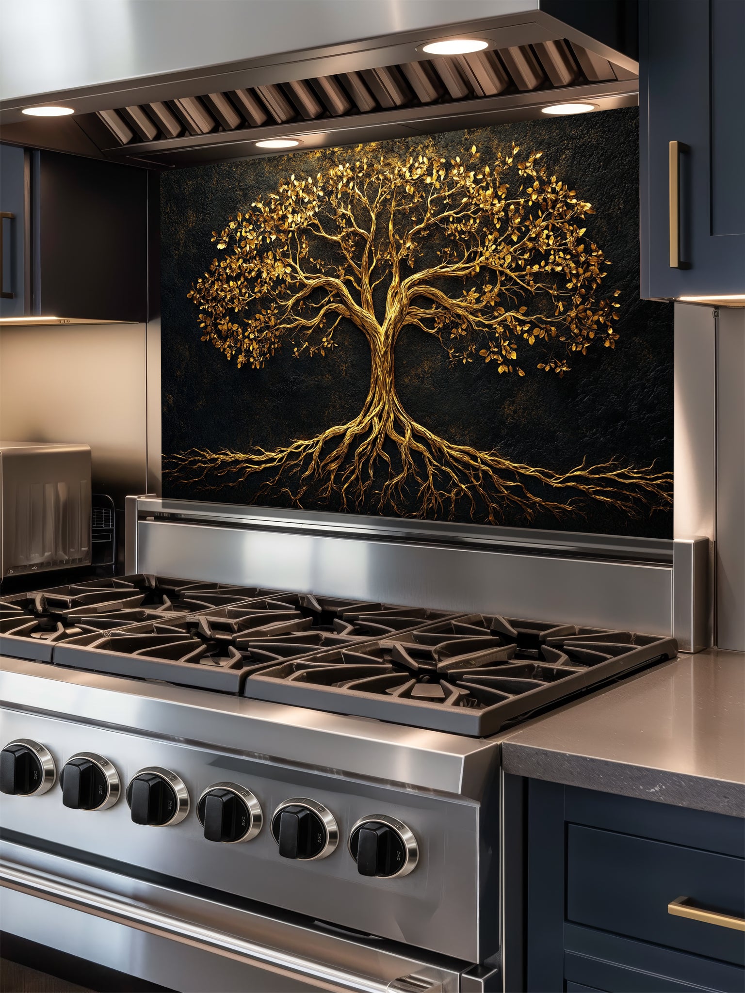 Abstract luxury fine art style Tree of Life featuring faux gold leaf and metallic textures, UV printed on a smooth tempered glass kitchen backsplash.