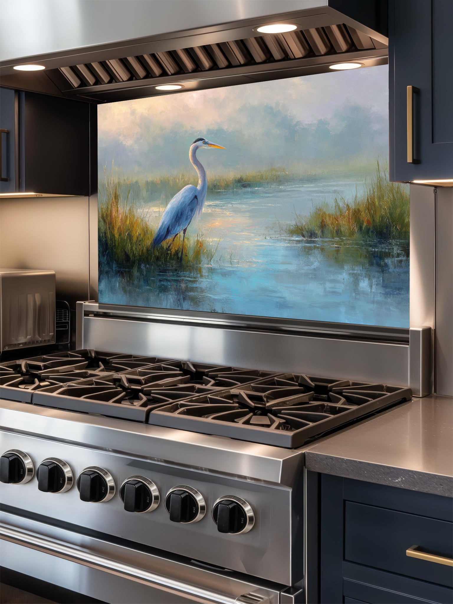 Fine art style oil painting of a blue heron standing in a misty wetland marsh, UV printed on a smooth tempered glass kitchen backsplash.