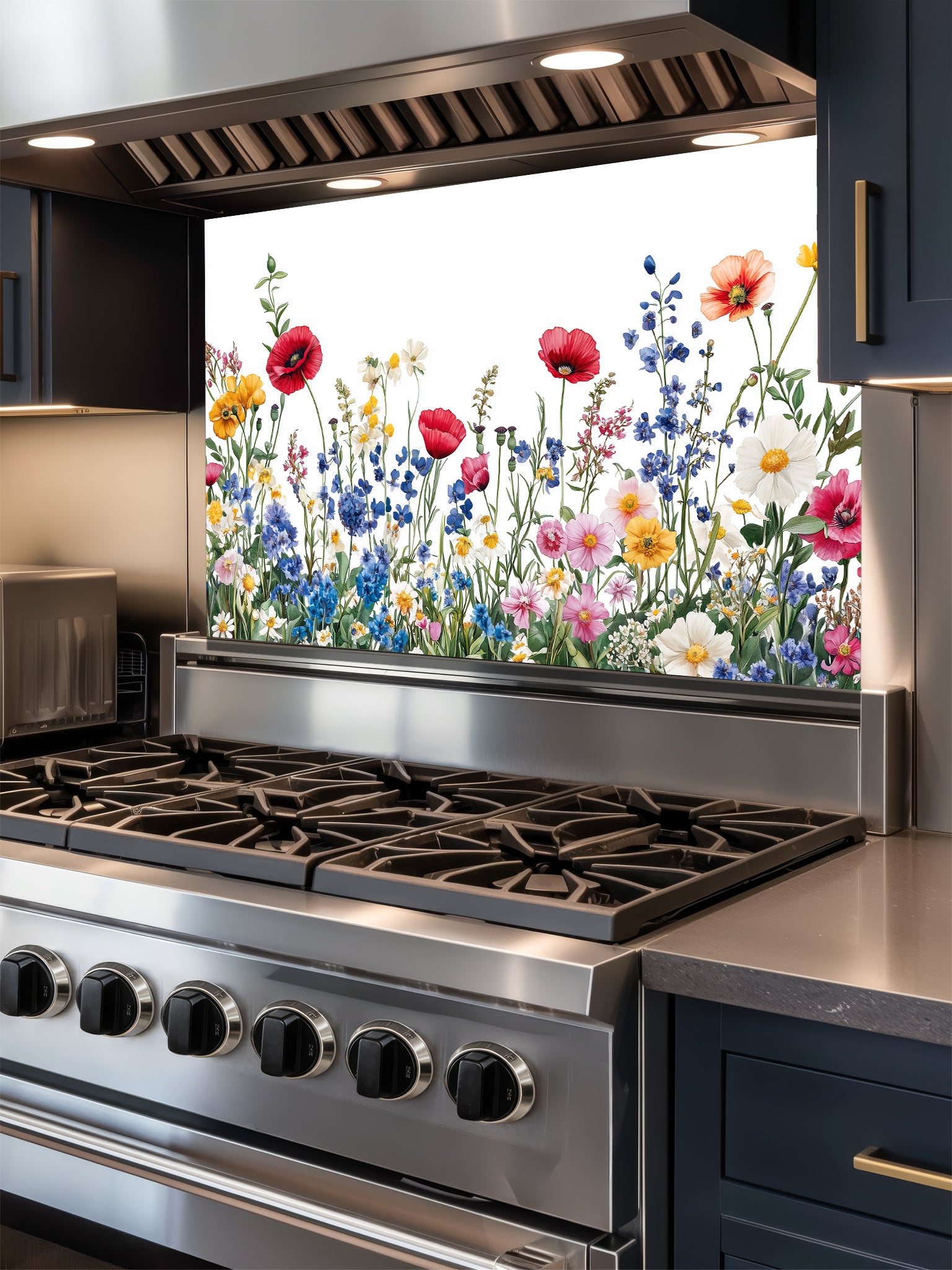 A bright kitchen featuring a tempered glass backsplash with a vibrant botanical illustration of a colorful wildflower meadow on a crisp white background, installed behind a modern stainless steel stove.