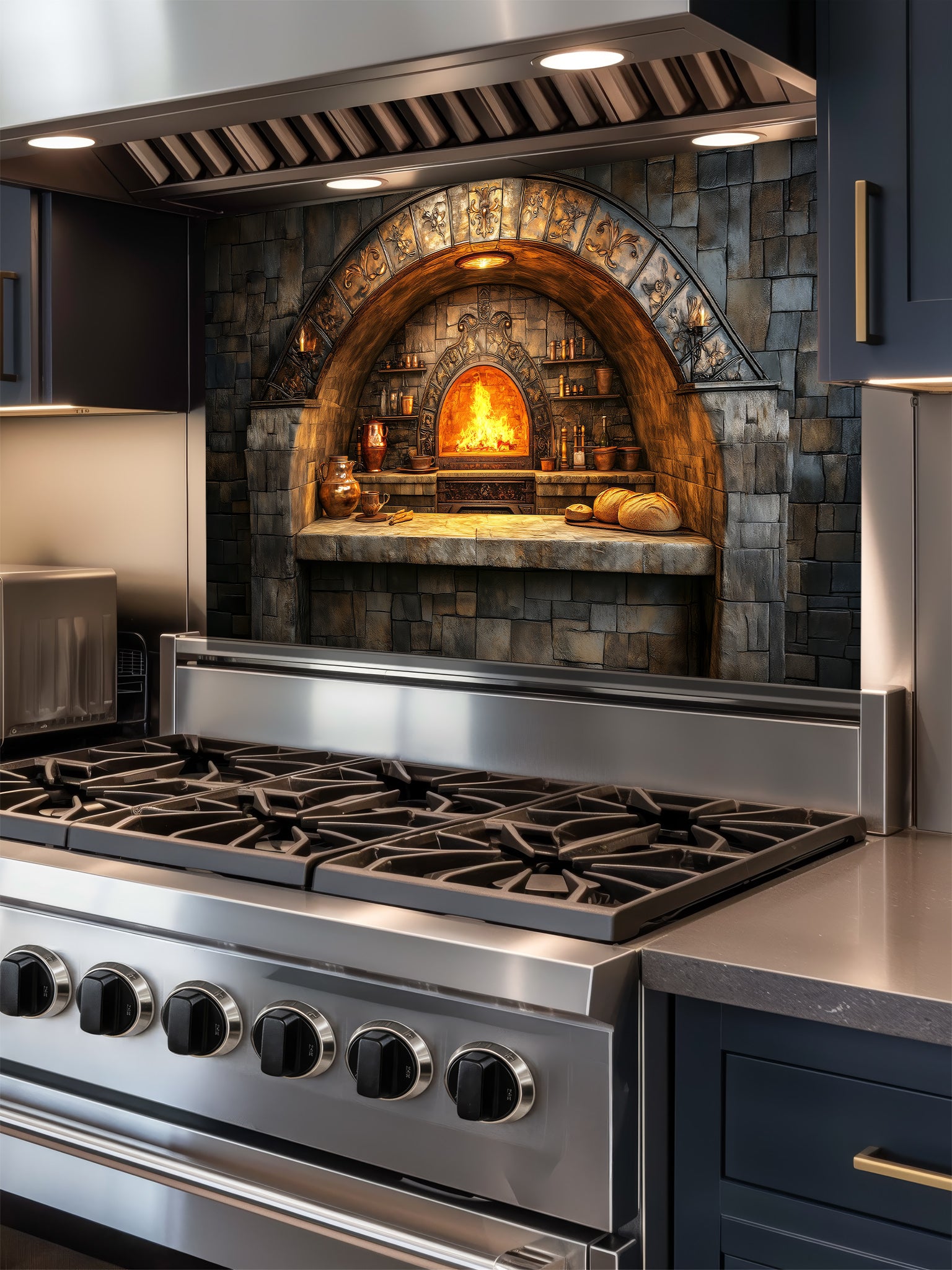 A cozy kitchen featuring a tempered glass backsplash with a highly realistic 3D illusion of a rustic stone oven, glowing fire, and vintage copper cookware, installed behind a modern black stove.