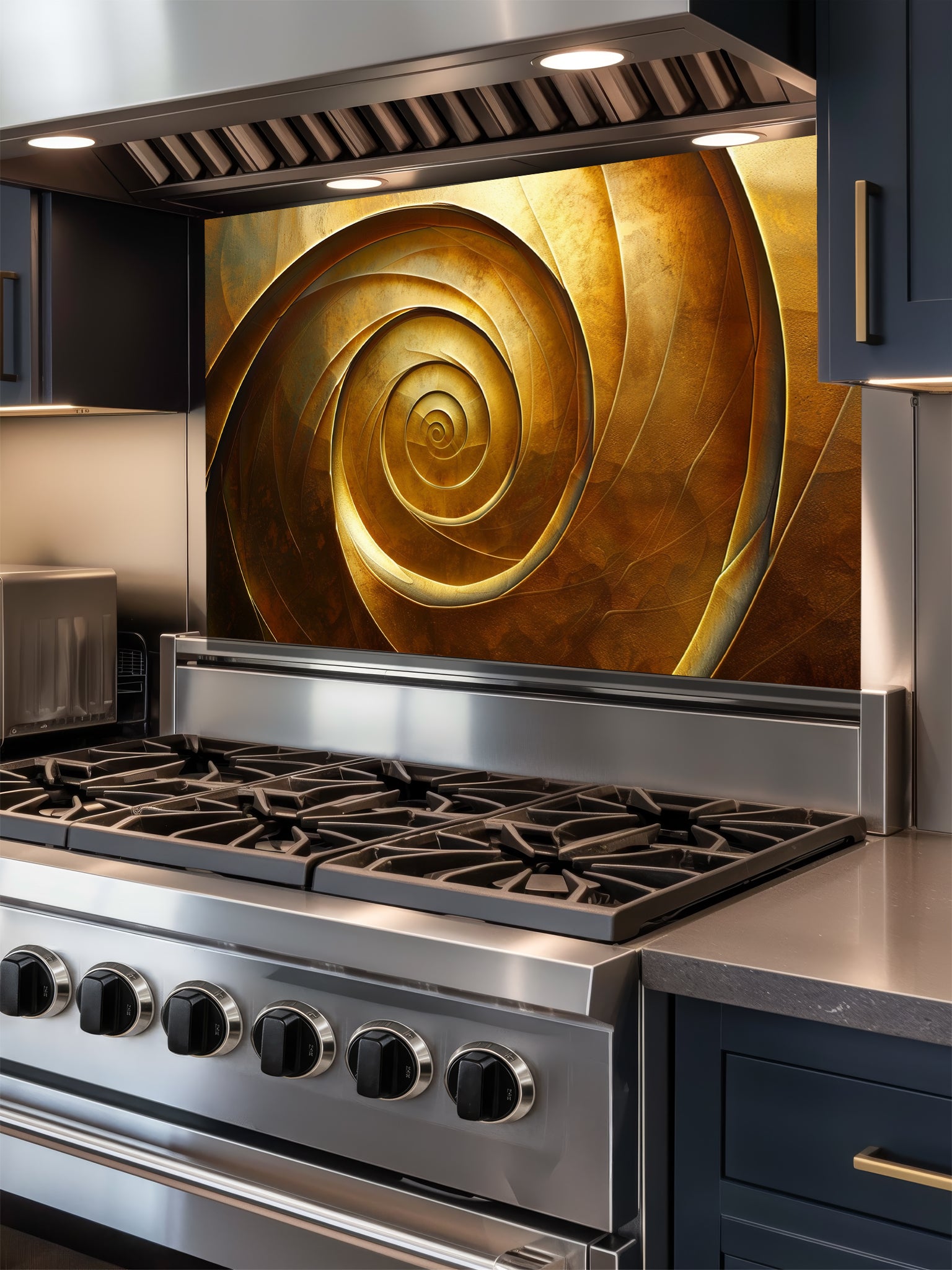 Tempered glass kitchen backsplash featuring a highly realistic 3D illusion of an abstract metallic golden spiral or vortex with deep shadows and glowing bronze highlights, installed behind a modern black stove.
