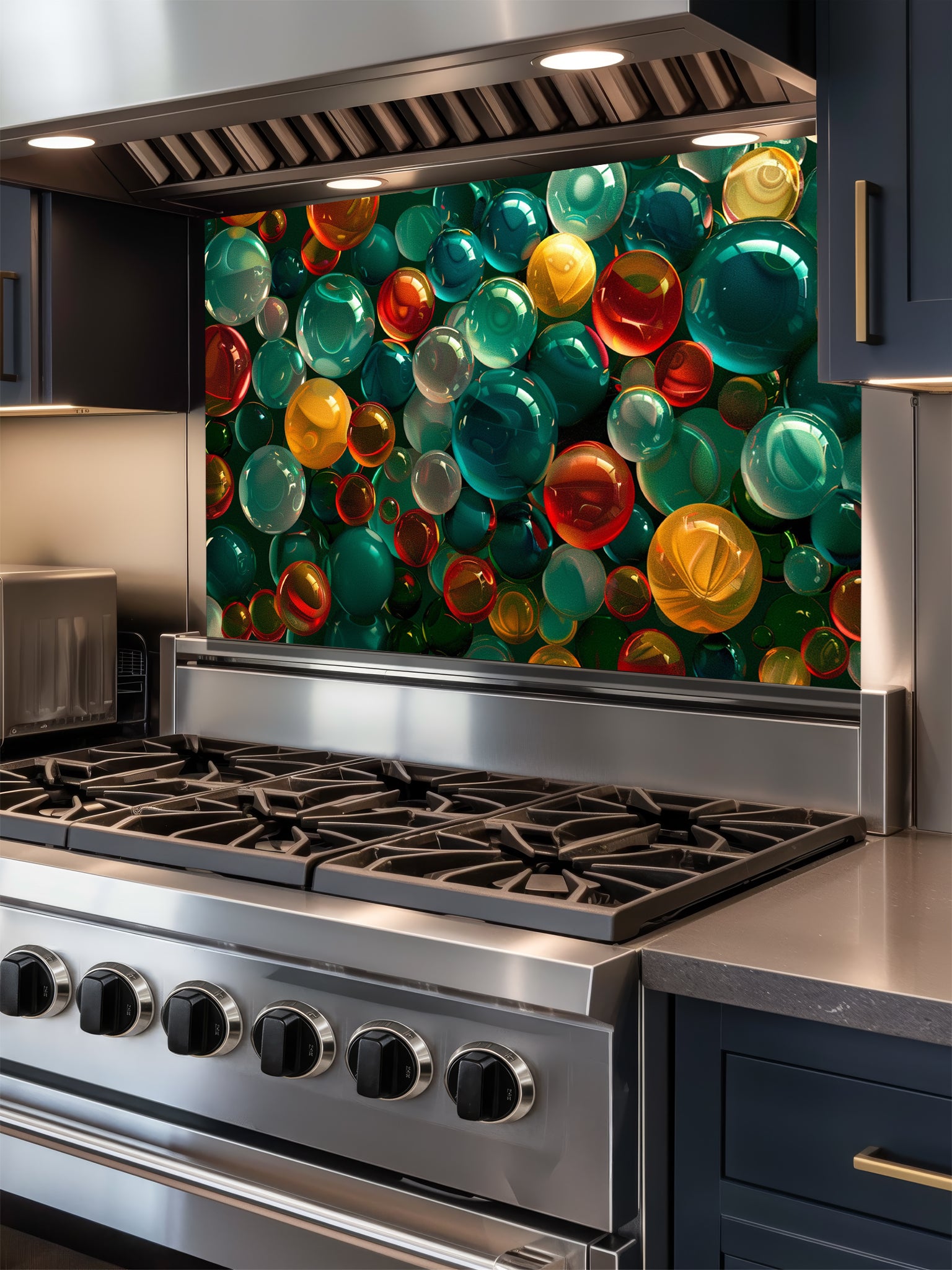 Faux 3D effect colorful translucent glass orbs and bubbles in jewel tones, UV printed on a smooth tempered glass kitchen backsplash, installed behind a modern stove.