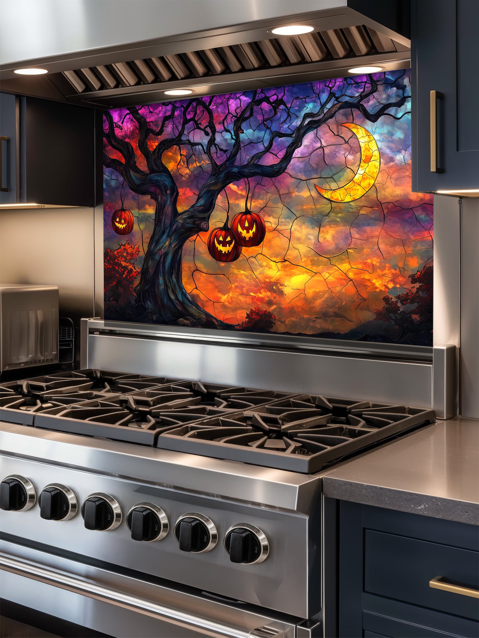 Stainless steel stove with a colorful Halloween-themed backsplash featuring pumpkins and a moon.