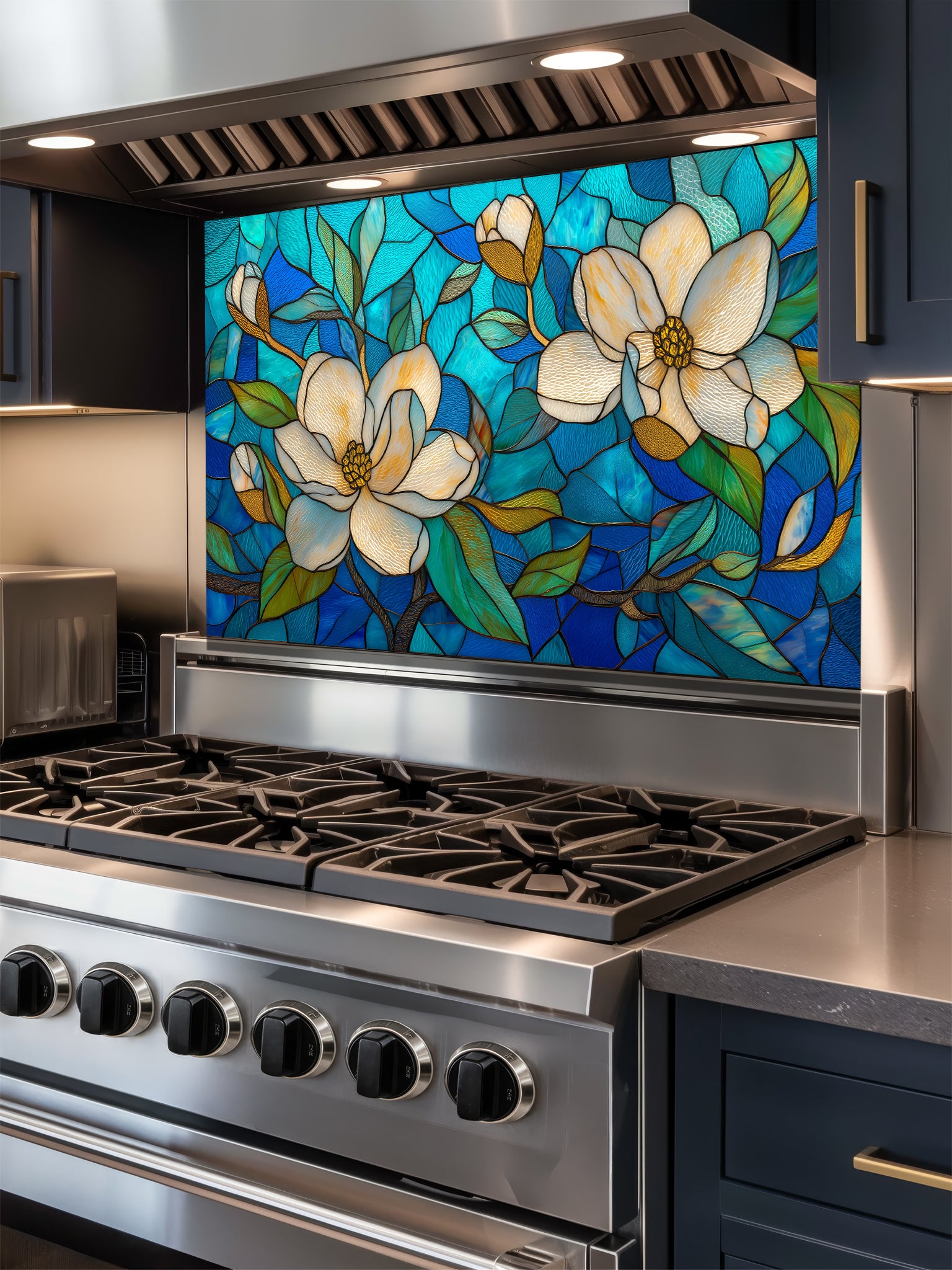 Stained glass style floral pattern featuring large white magnolia blossoms and green leaves against a vibrant blue and turquoise background, UV printed on a smooth tempered glass kitchen backsplash.