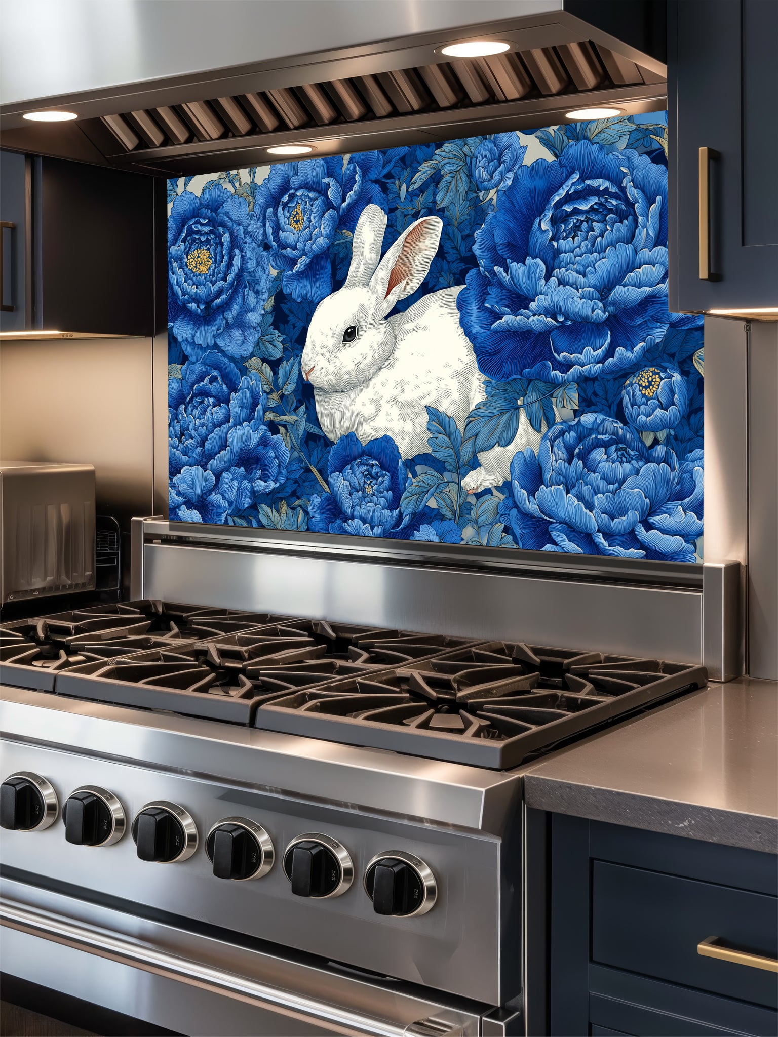 Vintage style illustration of a white rabbit sitting among large deep blue peony flowers, UV printed on a smooth tempered glass kitchen backsplash, installed behind a modern stove.