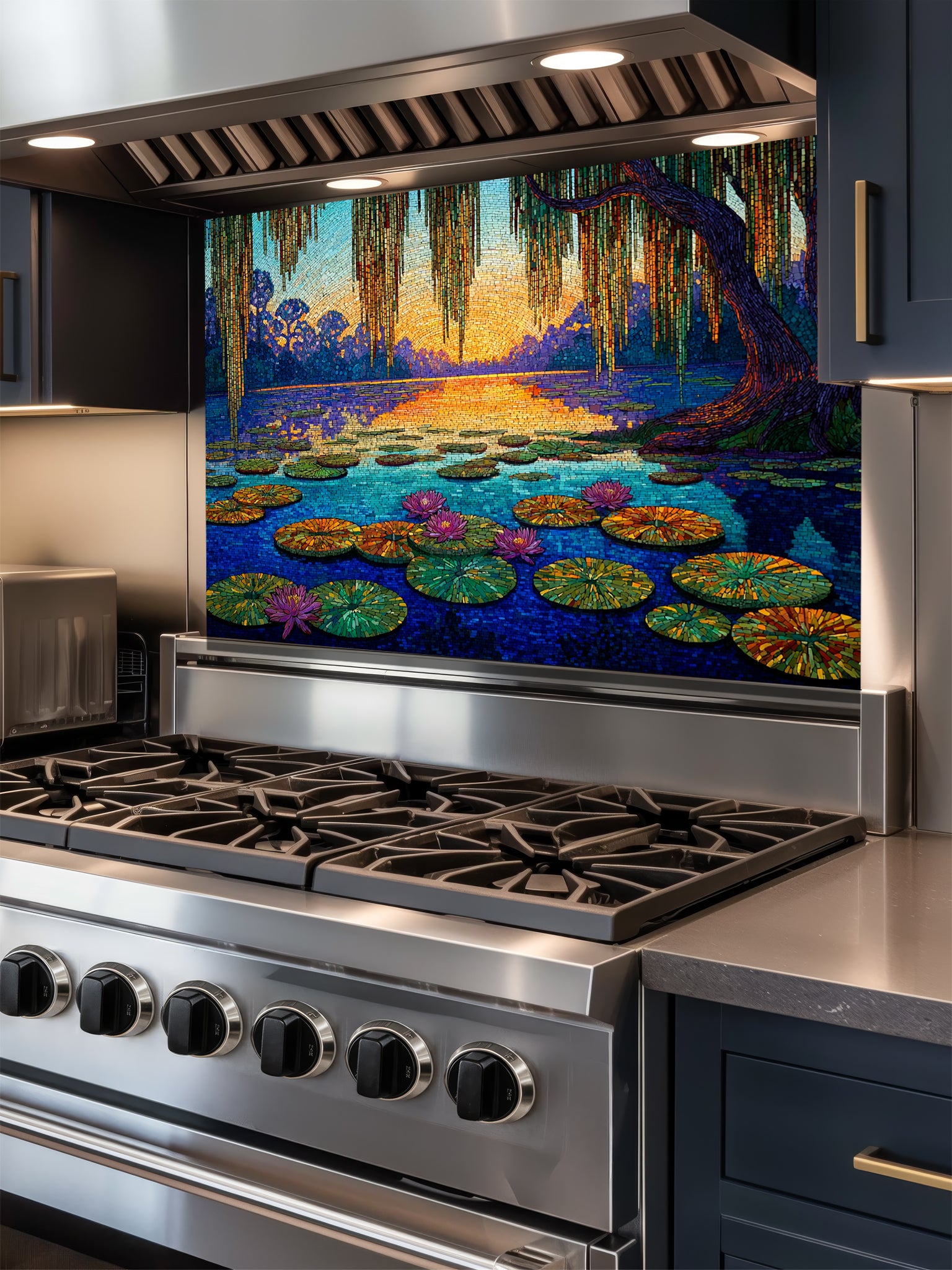 Tempered glass kitchen backsplash featuring a highly realistic 3D illusion of a Pointillist or Impressionist fine art painting, showing a tranquil lake with pink water lilies and a weeping willow at sunset, created with thousands of tiny textured paint dots, installed behind a modern black stove.