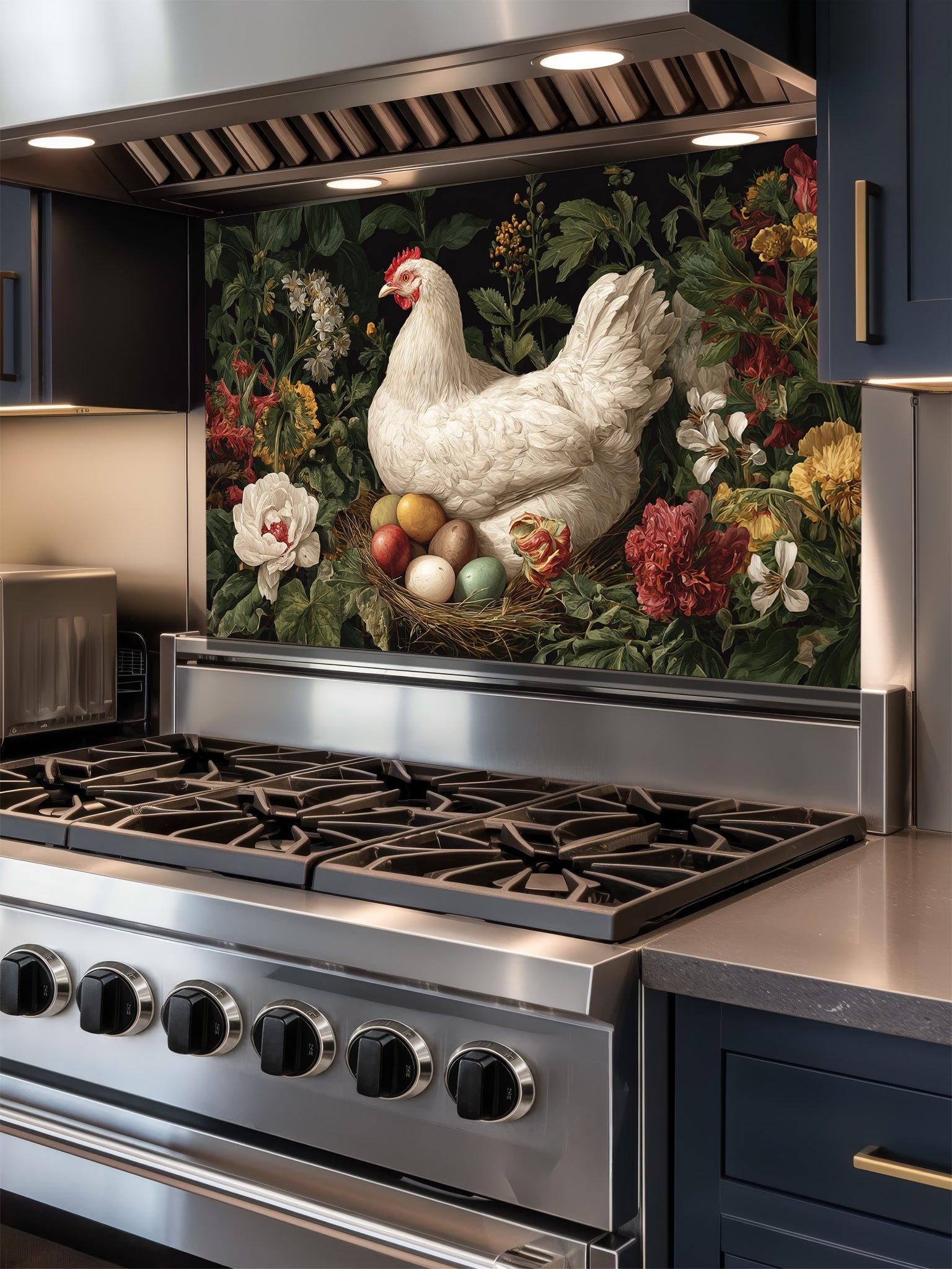 Stainless steel stove with decorative chicken and egg scene on the glass backsplash