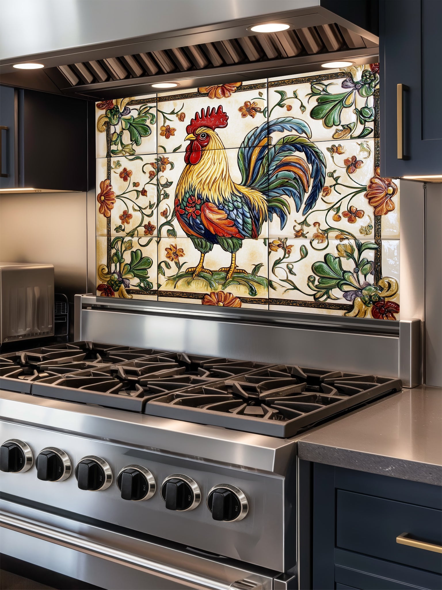 Stainless steel stove with decorative rooster glass backsplash