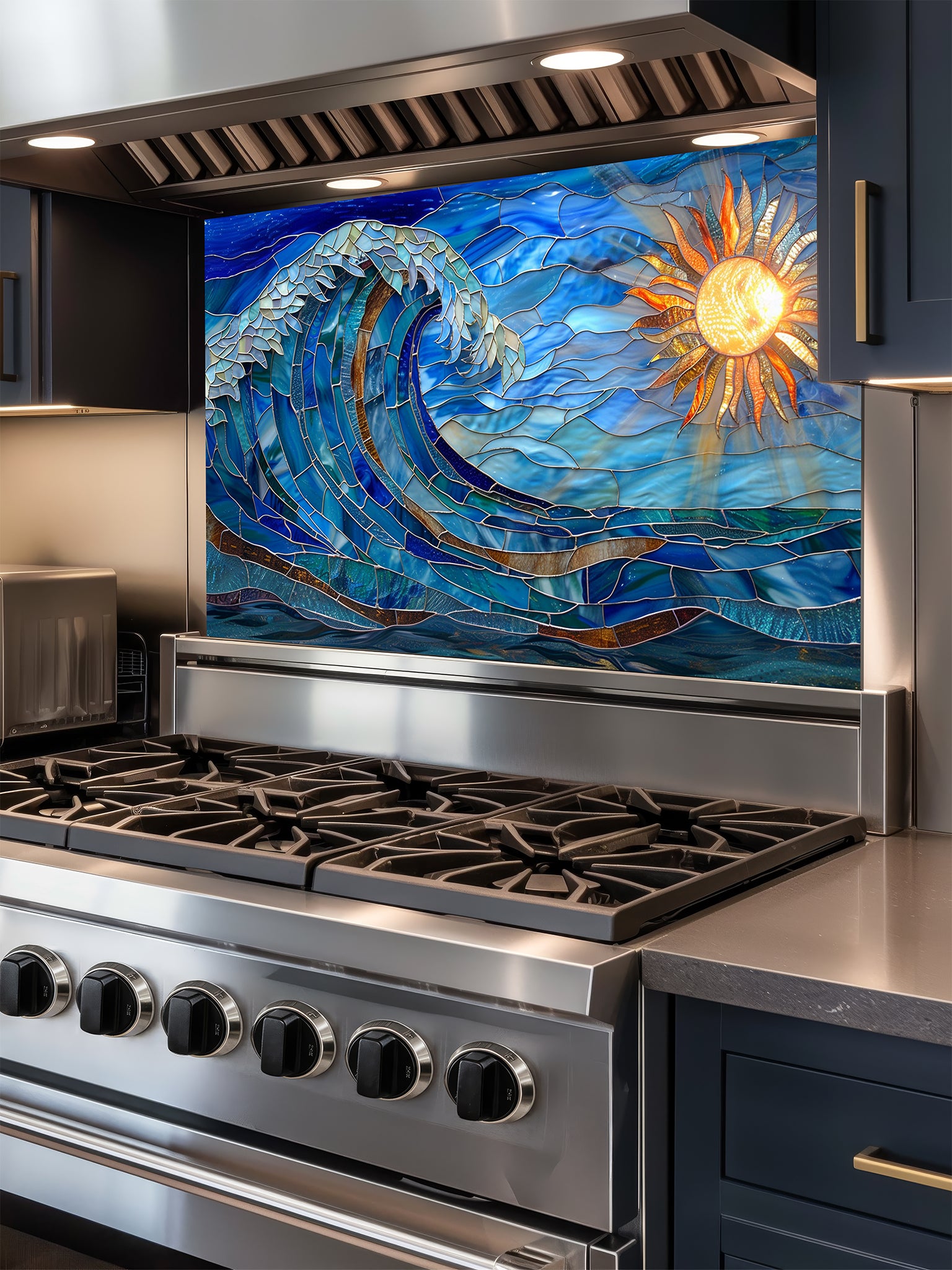 Tempered glass kitchen backsplash featuring a vibrant faux stained glass design of a dynamic crashing ocean wave in blues and teals, with a glowing golden sun and sunbeams on the right, installed behind a modern stainless steel stove.