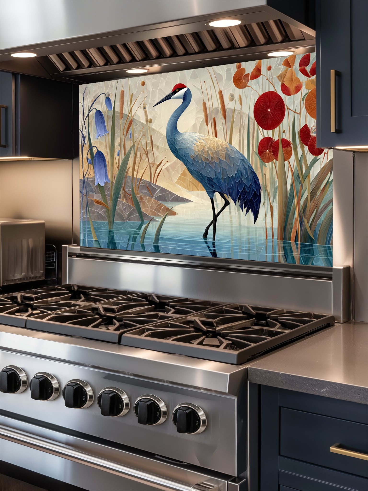 Tempered glass kitchen backsplash featuring a crisp, modern Japandi-style illustration of a majestic red-crowned crane standing in tranquil water among bluebell flowers and red botanical accents against a geometric beige mountain background, installed behind a modern black stove.
