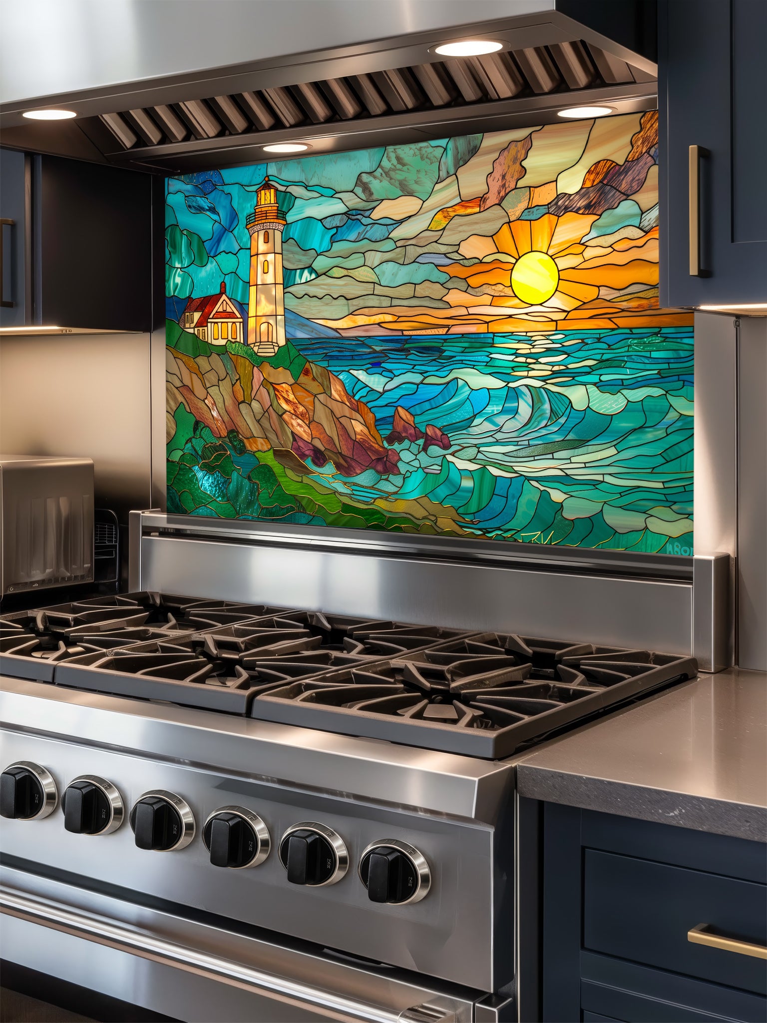 Stained glass style coastal landscape with a lighthouse on a rocky cliff and a vibrant ocean sunset, UV printed on a smooth tempered glass kitchen backsplash, installed behind a modern stove.