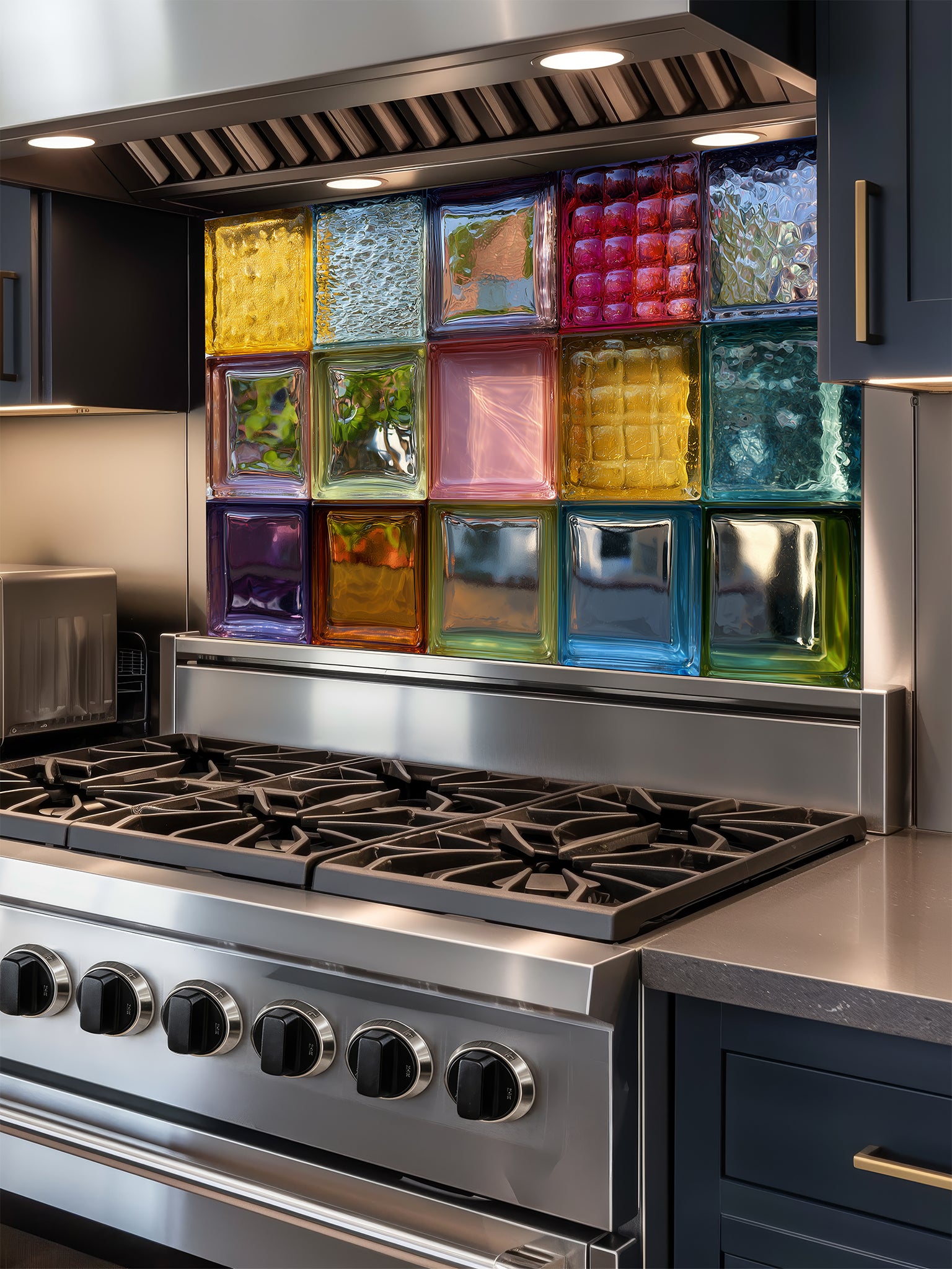 Tempered glass kitchen backsplash featuring a highly realistic 3D illusion of colorful, textured retro glass blocks in vibrant shades of blue, pink, amber, and green, installed behind a modern stainless steel stove.