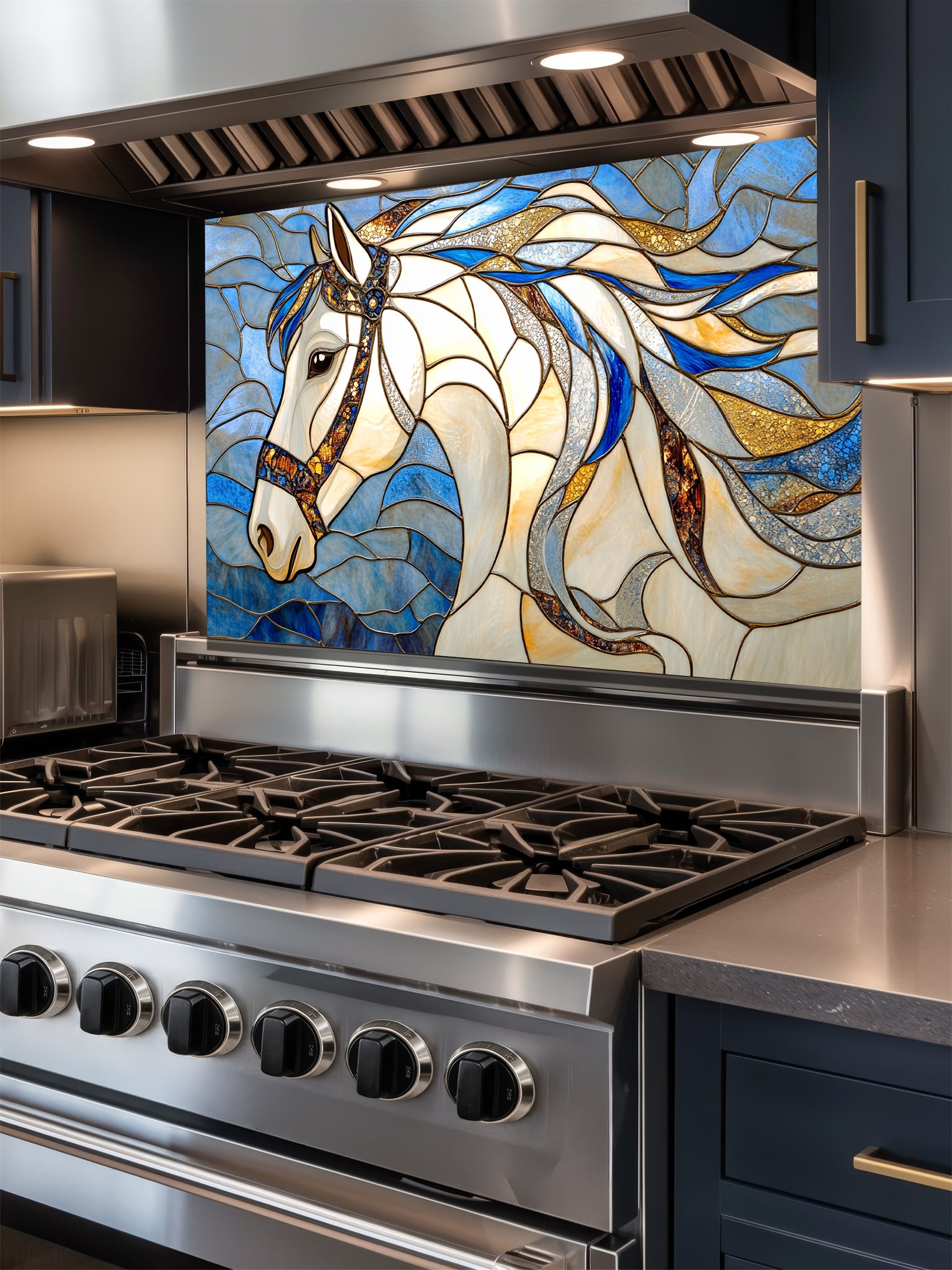 Tempered glass kitchen backsplash featuring a highly realistic 3D illusion of stained glass art showing a majestic noble white horse profile with a flowing, dynamic mane in sapphire blue and gold against a swirling blue background, installed behind a modern black stove.