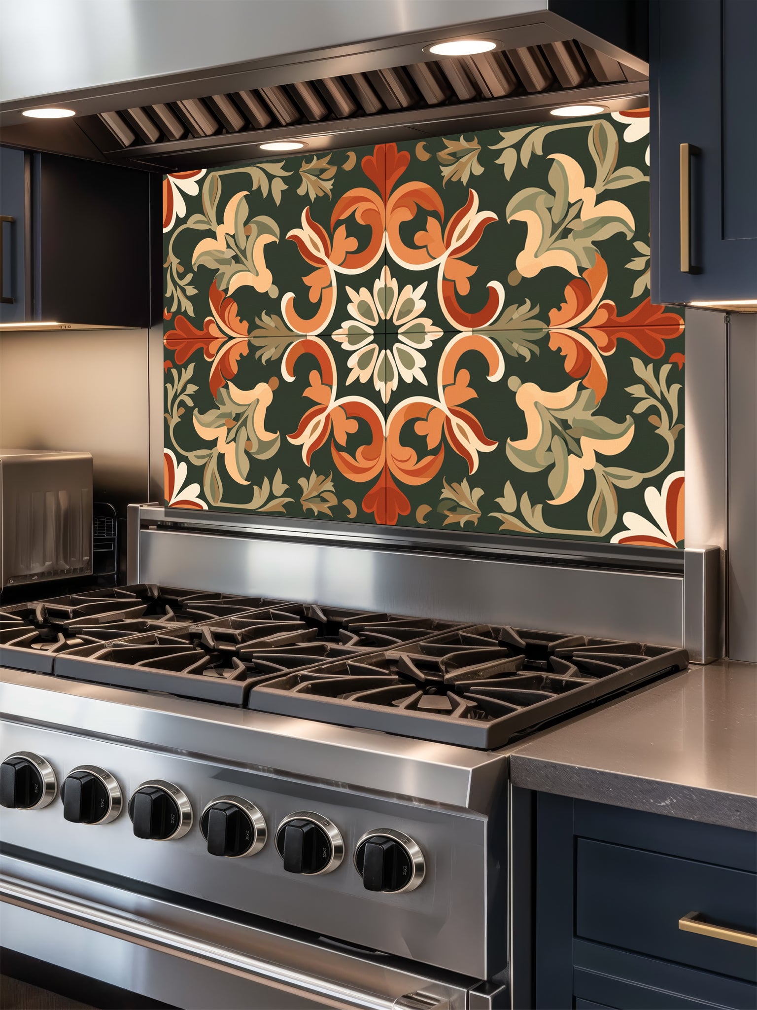 Vintage style Moroccan tile pattern featuring terracotta orange and cream botanical scrollwork on a deep forest green background, UV printed on a smooth tempered glass kitchen backsplash.