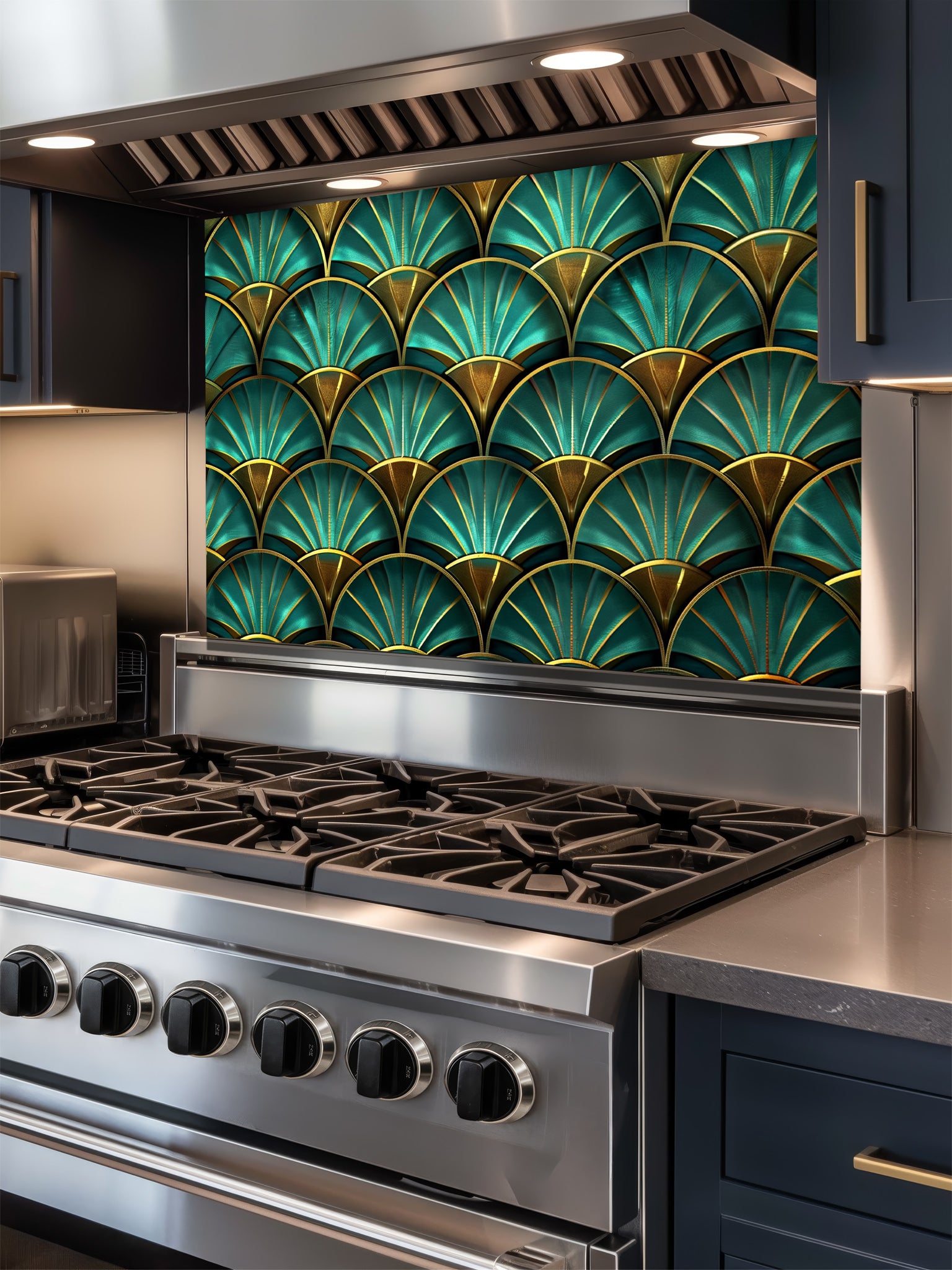Tempered glass kitchen backsplash featuring a highly realistic 3D illusion of an Art Deco geometric scalloped fan pattern in luxurious teal and faux gold, installed behind a modern stainless steel stove.