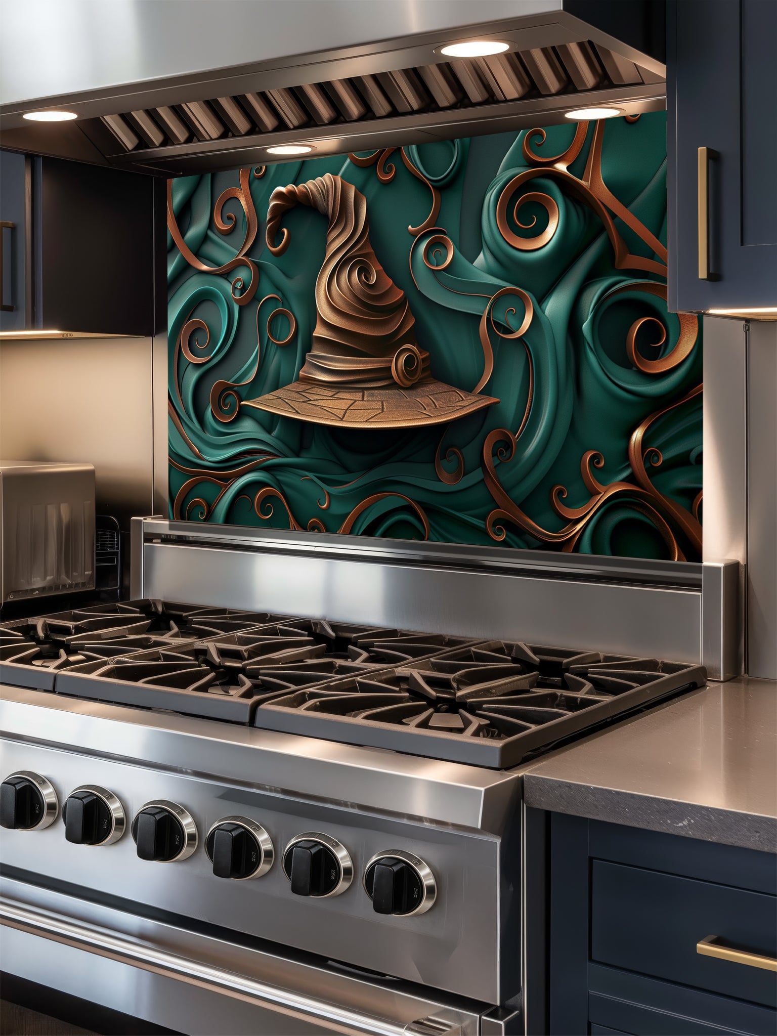 Tempered glass kitchen backsplash featuring a highly realistic 3D illusion of a sculpted, crooked bronze witch hat surrounded by heavy, flowing emerald green and copper ribbon-like swirls, installed behind a modern black stove.