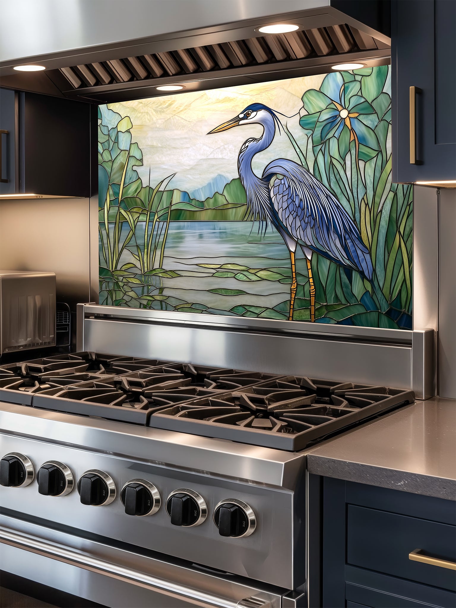 Tempered glass kitchen backsplash featuring a bright faux stained glass design of a majestic blue heron standing among lily pads against a glowing sunrise and mountain landscape, installed behind a modern stainless steel stove.