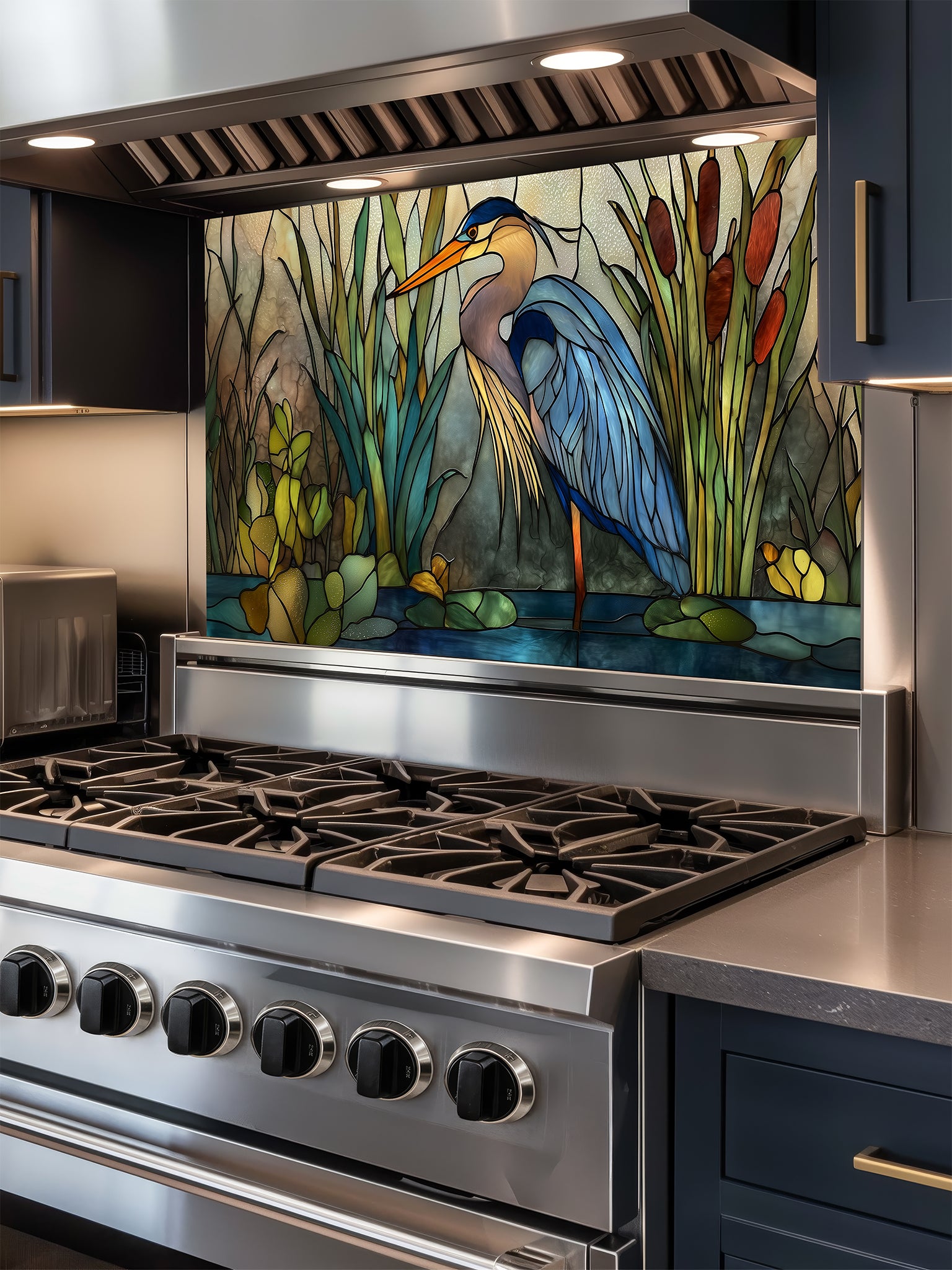 Tempered glass kitchen backsplash featuring a serene faux stained glass design of a majestic blue heron standing in a wetland with cattails and lily pads, installed behind a modern stainless steel stove.