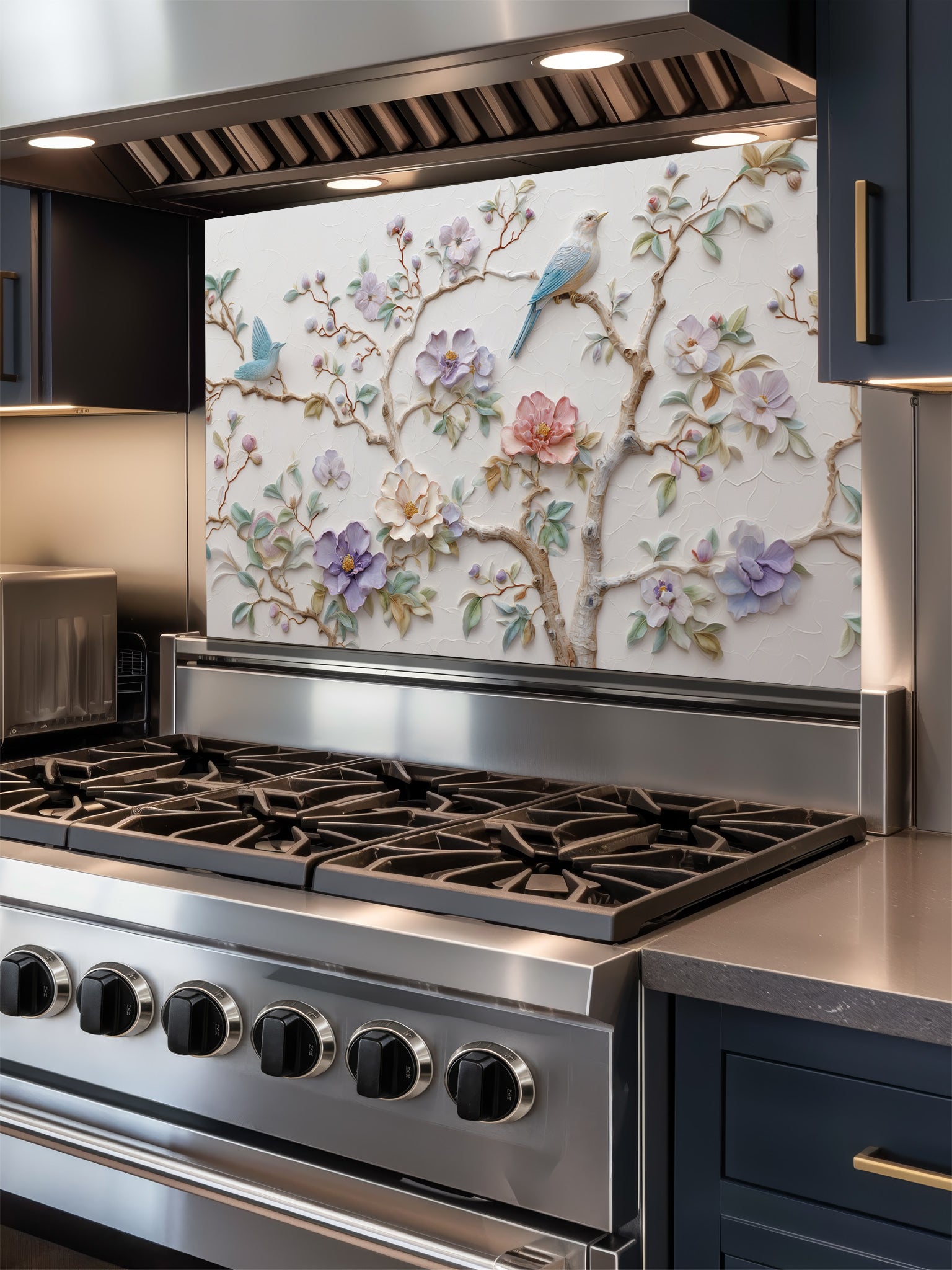 Tempered glass kitchen backsplash featuring a highly realistic 3D illusion of bas-relief plaster art with pastel blooming flowers and light blue birds perched on branches against a white textured background, installed behind a modern stainless steel stove.