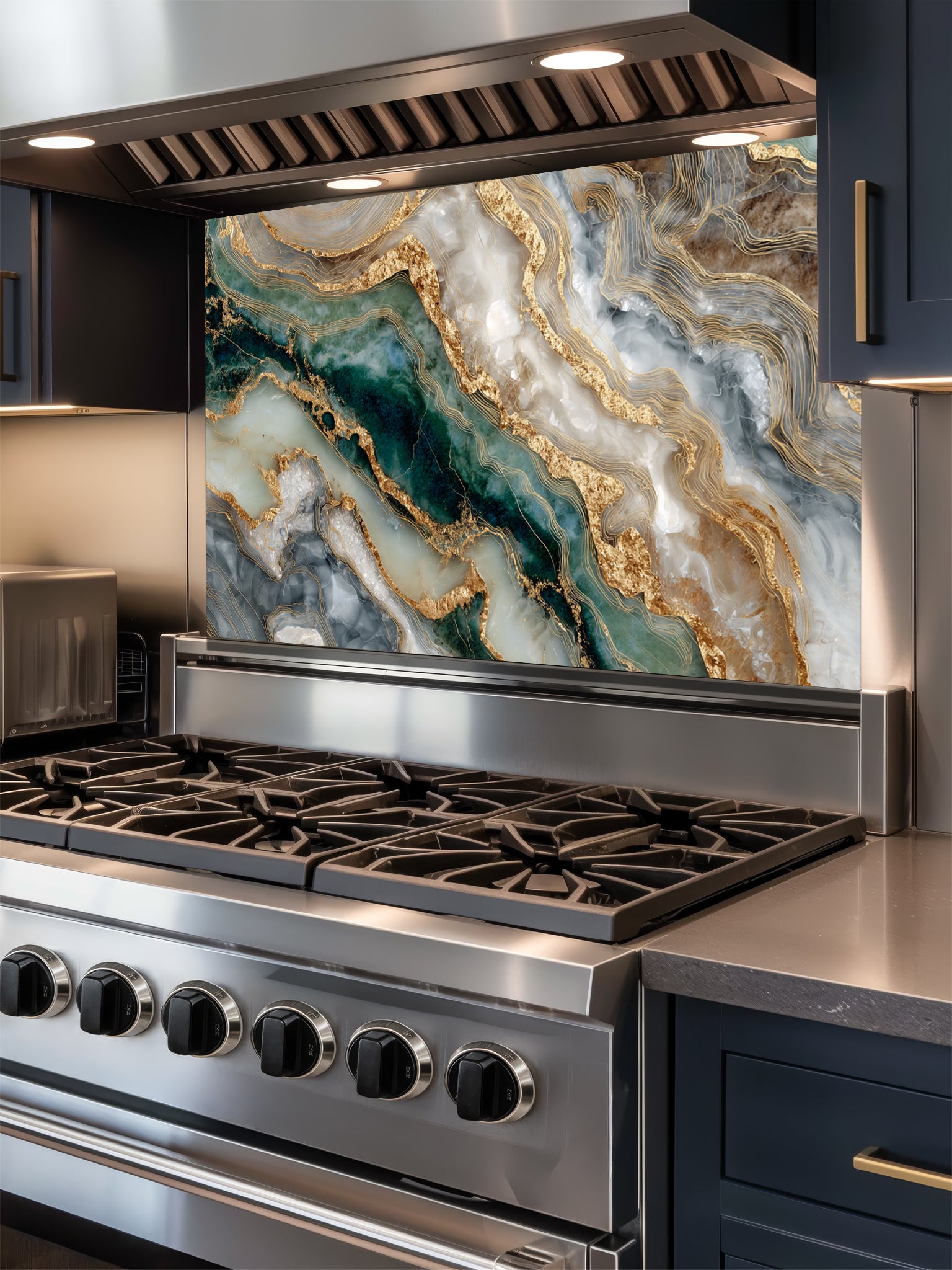 Faux fluid art epoxy resin pattern featuring deep malachite green, white, and striking 3D-looking liquid gold Kintsugi veins, UV printed on a smooth tempered glass kitchen backsplash.