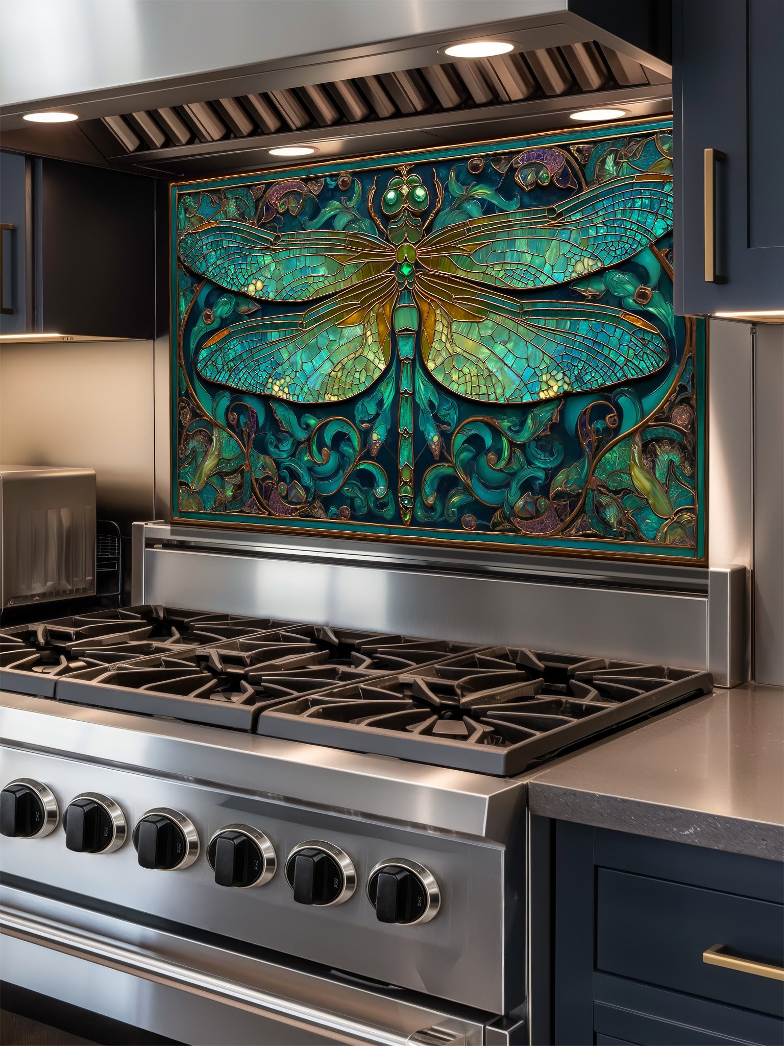 Tempered glass kitchen backsplash featuring a highly realistic 3D illusion of Art Nouveau stained glass showing a magnificent dragonfly with intricate teal and emerald green wings outlined in gold, surrounded by botanical swirls, installed behind a modern stainless steel stove.