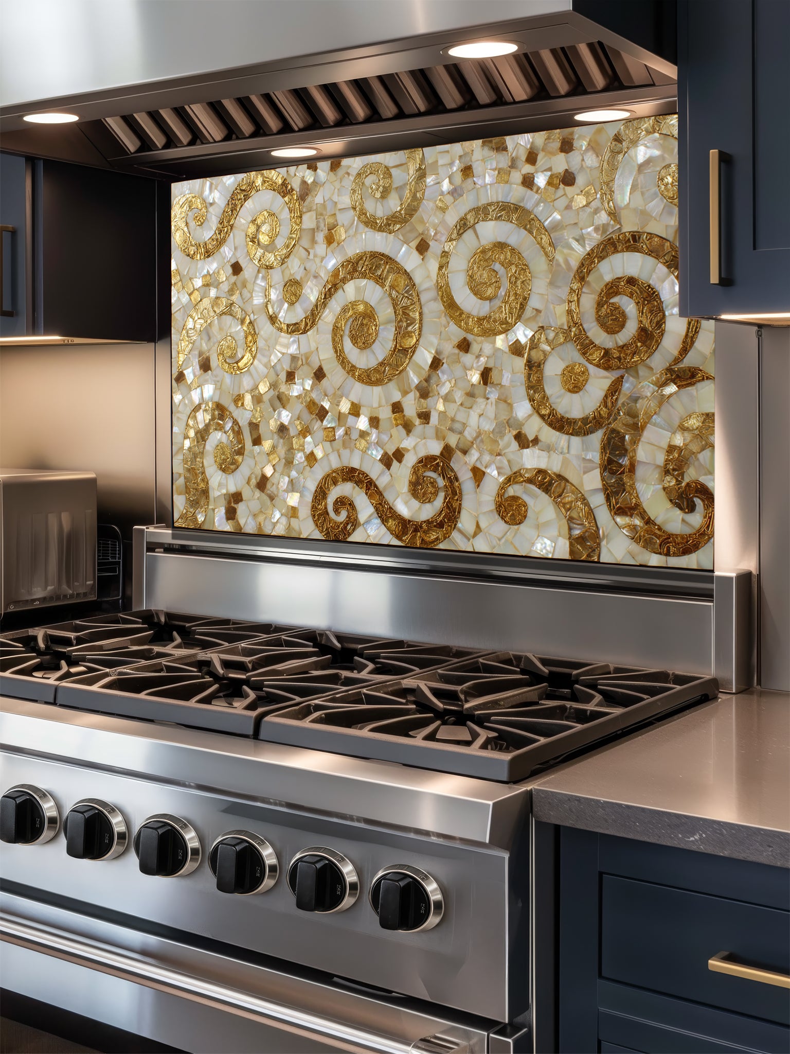 Faux 3D mosaic tile pattern featuring elegant gold swirls on an iridescent mother-of-pearl background, UV printed on a smooth tempered glass kitchen backsplash.