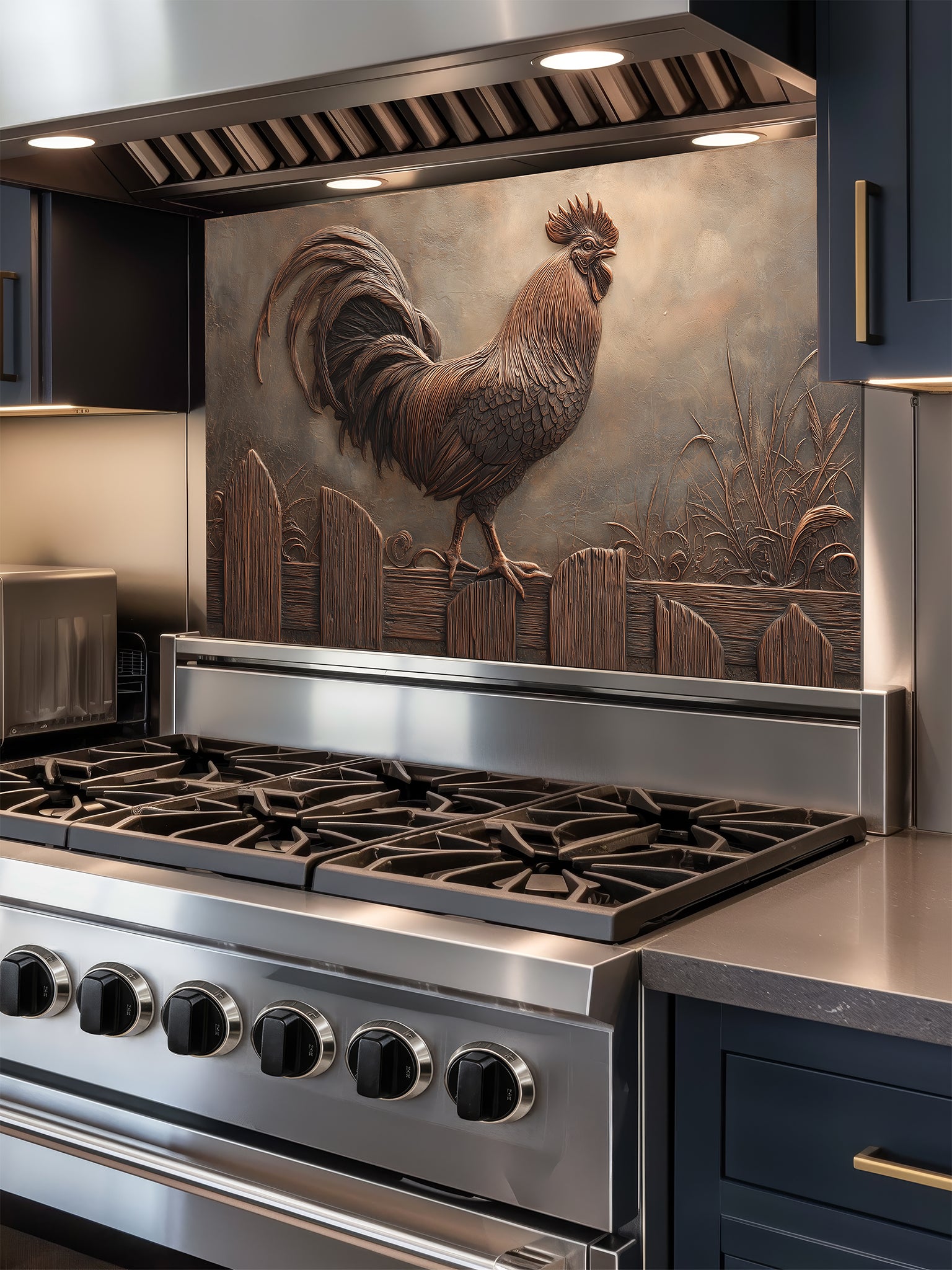 Tempered glass kitchen backsplash featuring a highly realistic 3D faux copper metal relief design of a rustic rooster standing on a fence, installed behind a modern stainless steel stove.