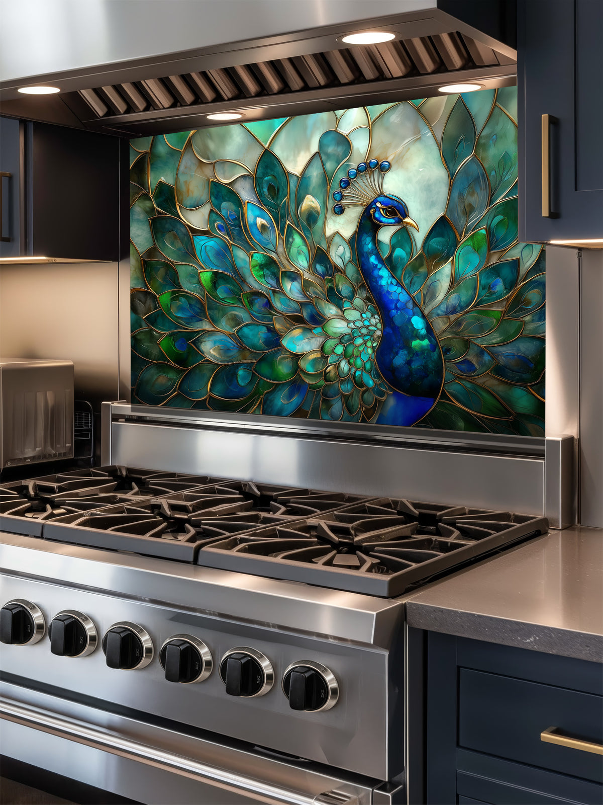 Tempered glass kitchen backsplash featuring a highly realistic 3D illusion of Art Nouveau stained glass showing a magnificent peacock with flowing teal, emerald, and sapphire feathers outlined in gold, installed behind a modern stainless steel stove.
