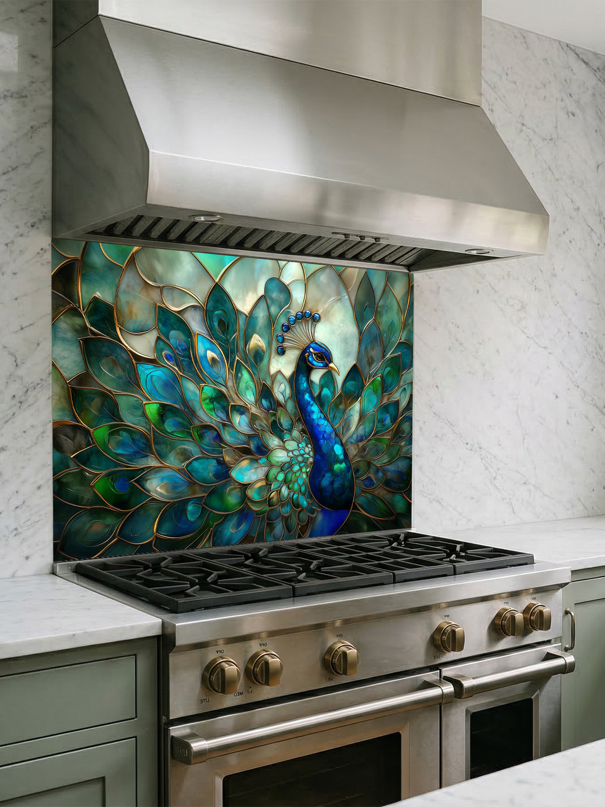 Tempered glass kitchen backsplash featuring a highly realistic 3D illusion of Art Nouveau stained glass showing a magnificent peacock with flowing teal, emerald, and sapphire feathers outlined in gold, installed behind a modern stainless steel stove.