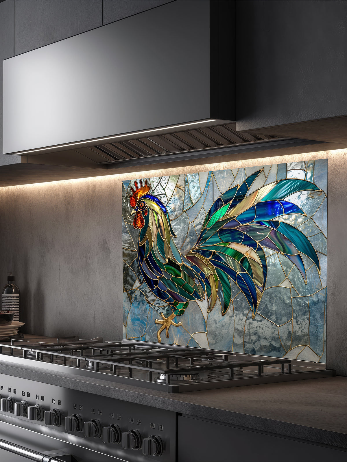 Tempered glass kitchen backsplash featuring a faux stained glass design of a rooster with teal, emerald, and navy feathers and prominent gold outlines, set against an abstract icy blue mosaic background, installed behind a modern stainless steel stove.