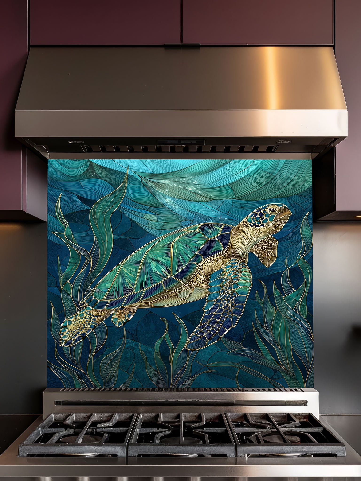 Tempered glass kitchen backsplash featuring an elegant stained glass style sea turtle swimming in deep blue ocean water, installed behind a modern stainless steel stove.