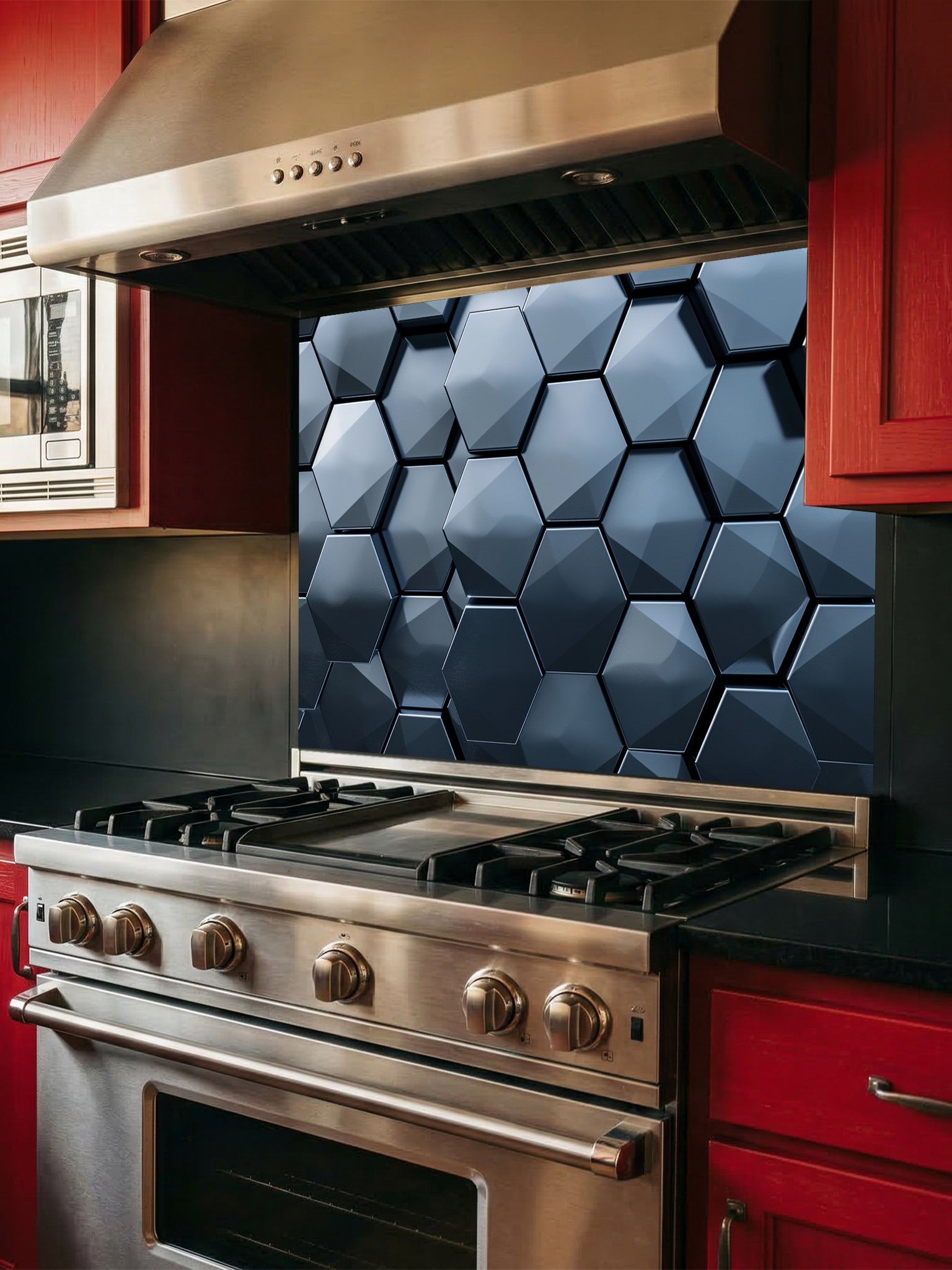 Tempered glass kitchen backsplash featuring a highly realistic 3D illusion of dark slate blue and charcoal metallic hexagon tiles in a sleek honeycomb pattern with dramatic shadow effects, installed behind a modern stainless steel stove.