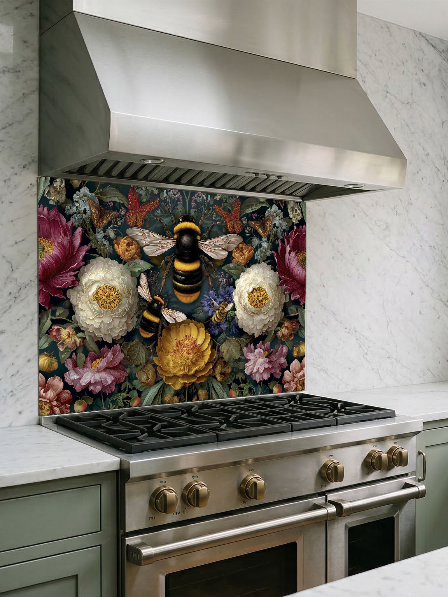 Tempered glass kitchen backsplash featuring a dark moody floral and large bumblebee vintage design installed behind a modern stainless steel stove.