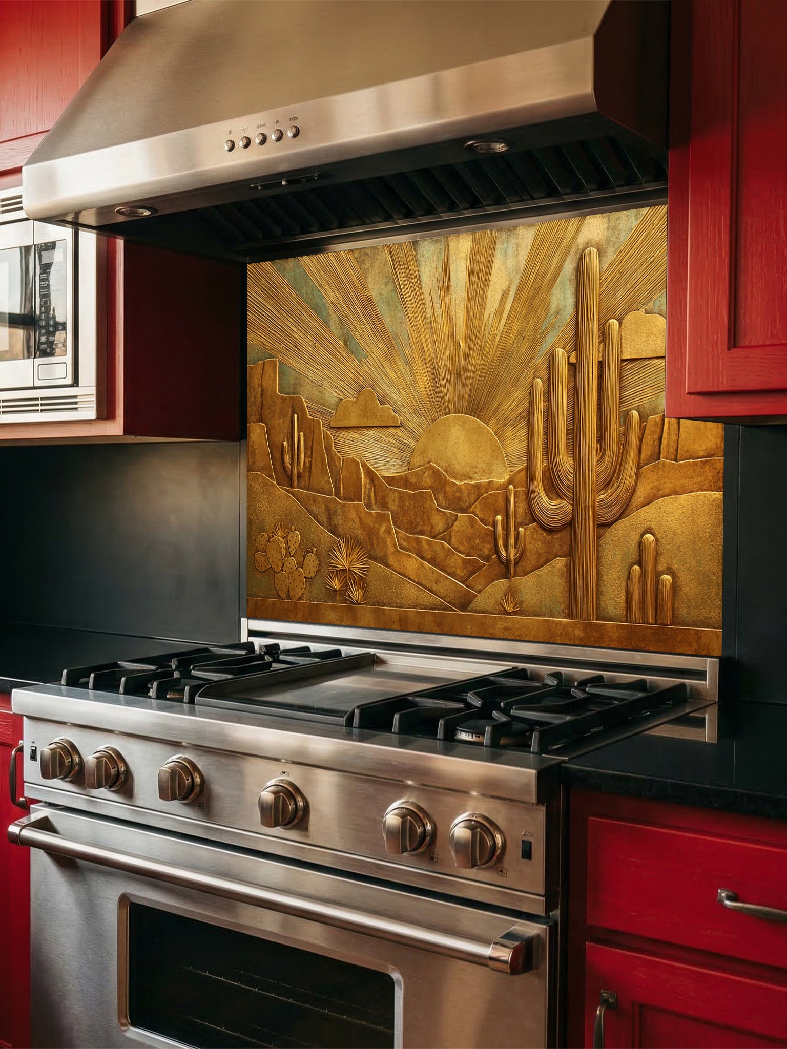Faux 3D sculpted bronze and brass relief of a desert landscape with saguaro cacti and a radiant sunburst, UV printed on a smooth tempered glass kitchen backsplash.