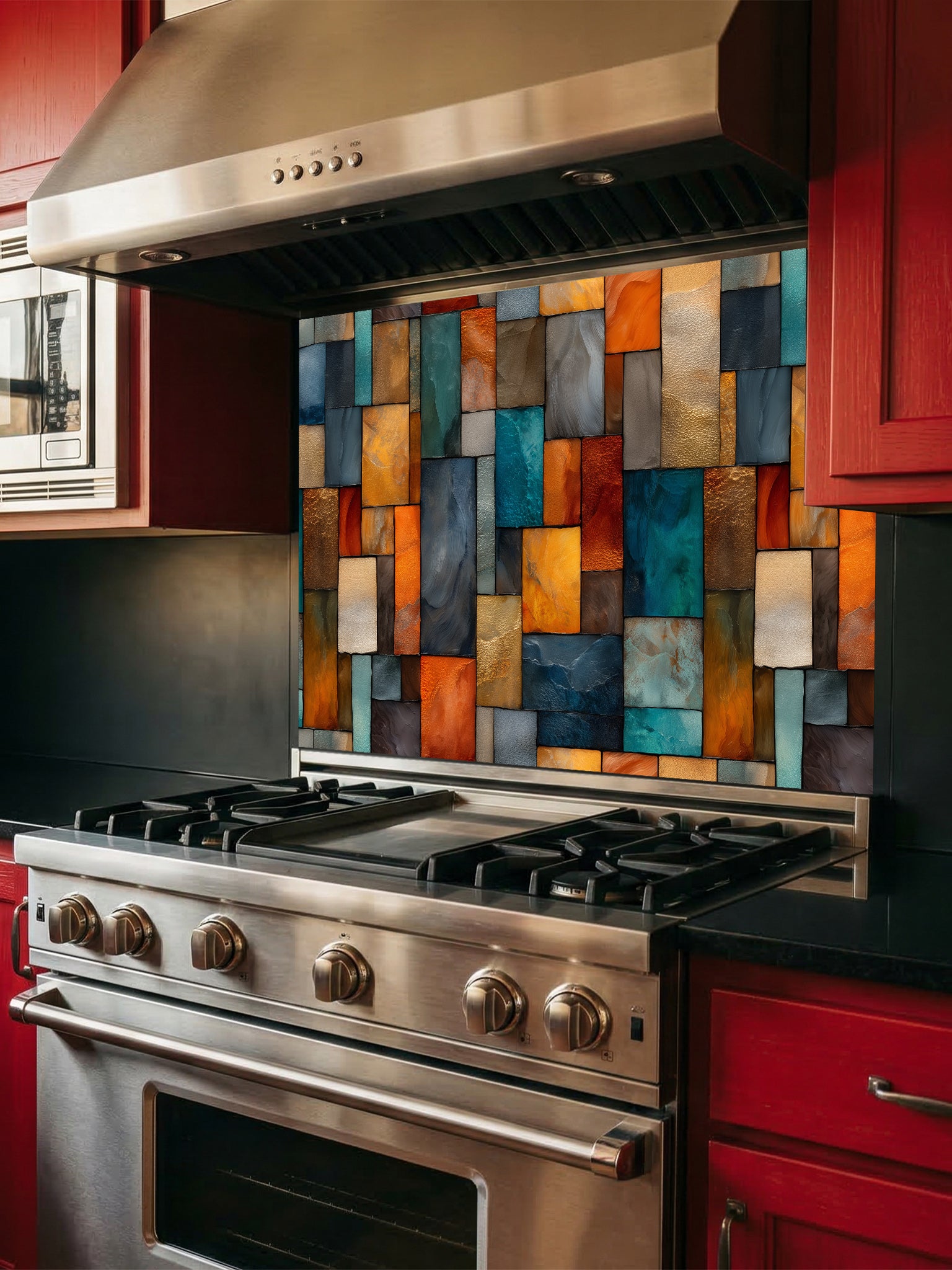 Tempered glass kitchen backsplash featuring a highly realistic 3D illusion of an abstract geometric mosaic made of textured stained glass rectangles in vibrant teal, amber, orange, and slate grey, installed behind a modern stainless steel stove.