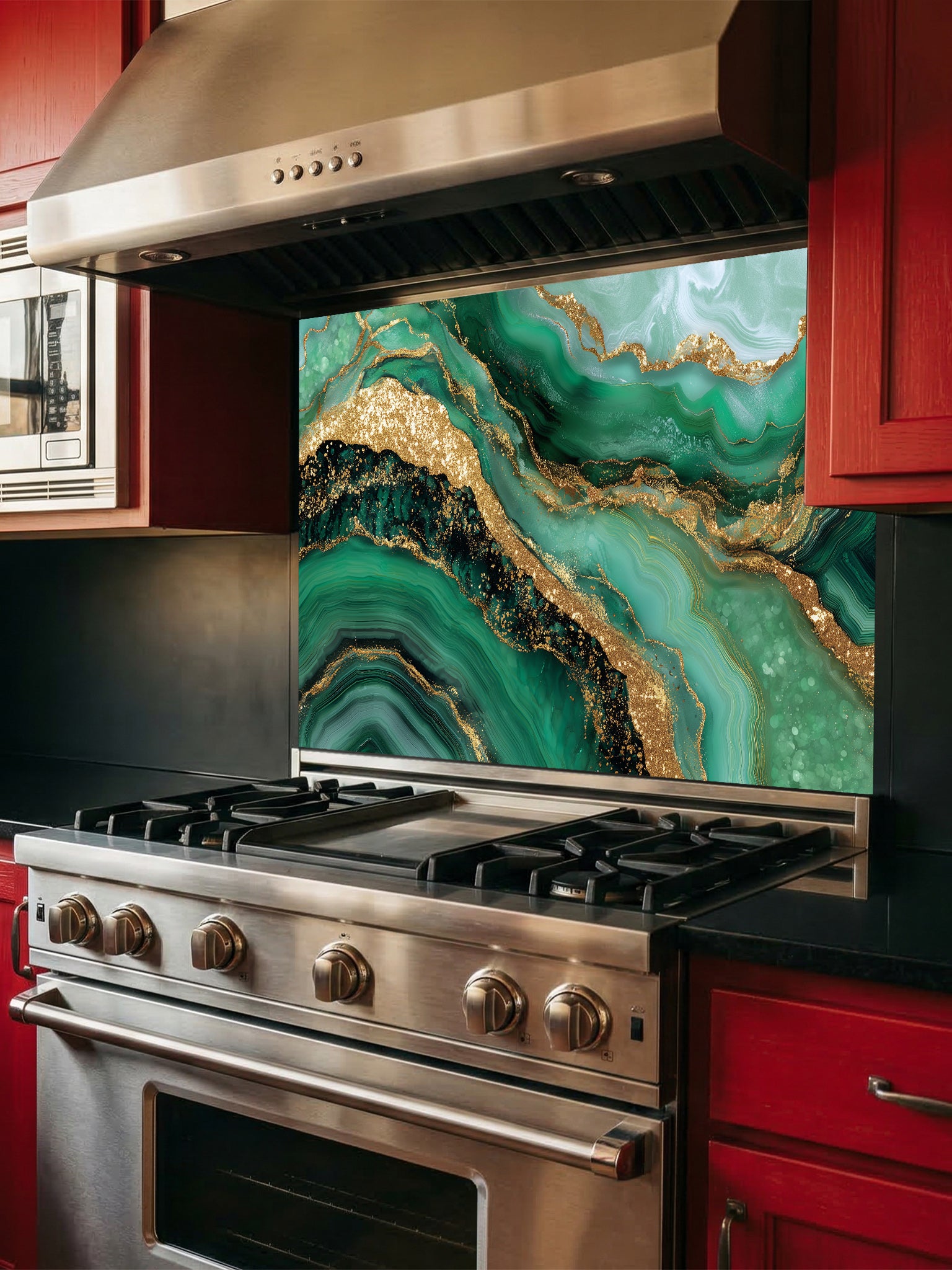 Tempered glass kitchen backsplash featuring a highly realistic illusion of emerald green and gold agate fluid art with faux glitter veins, installed behind a modern stainless steel stove.