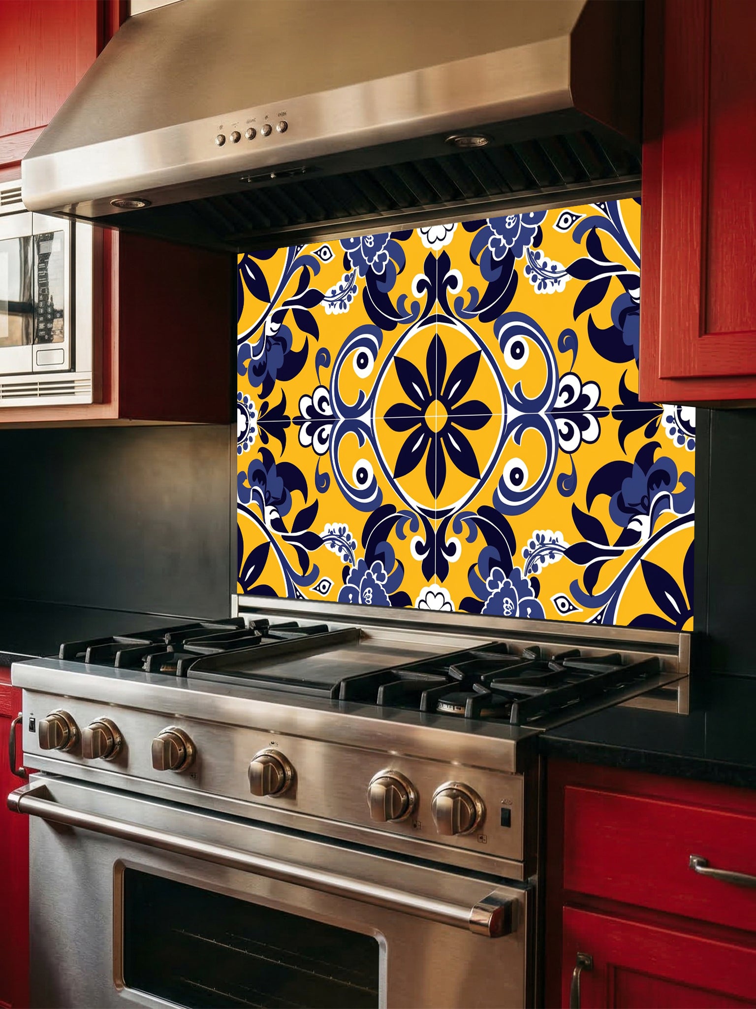 Vibrant traditional Talavera style faux tile pattern in bright yellow, deep navy blue, and white, UV printed on a smooth tempered glass kitchen backsplash.