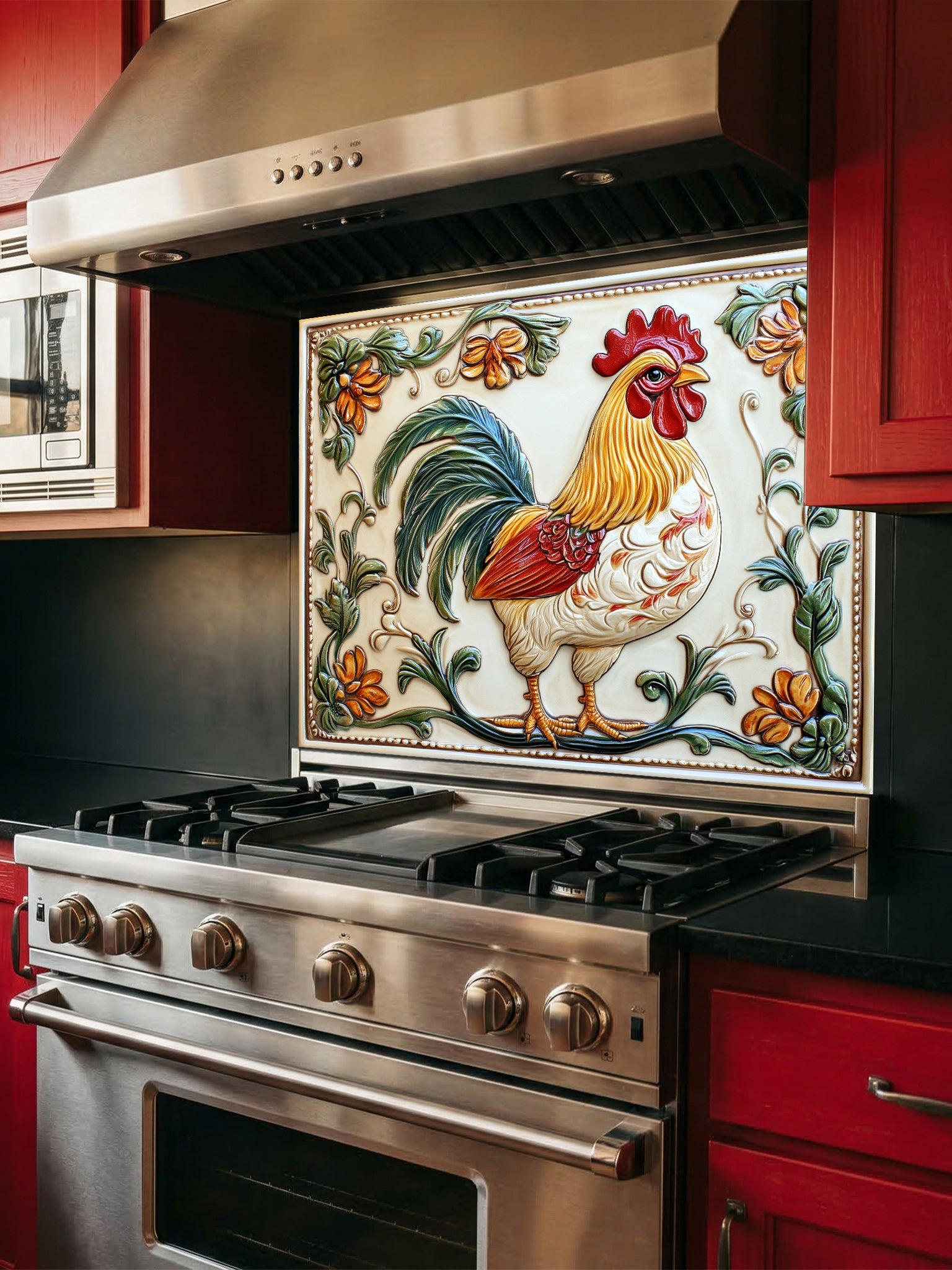 Decorative tile with a rooster design above a stove in a kitchen.