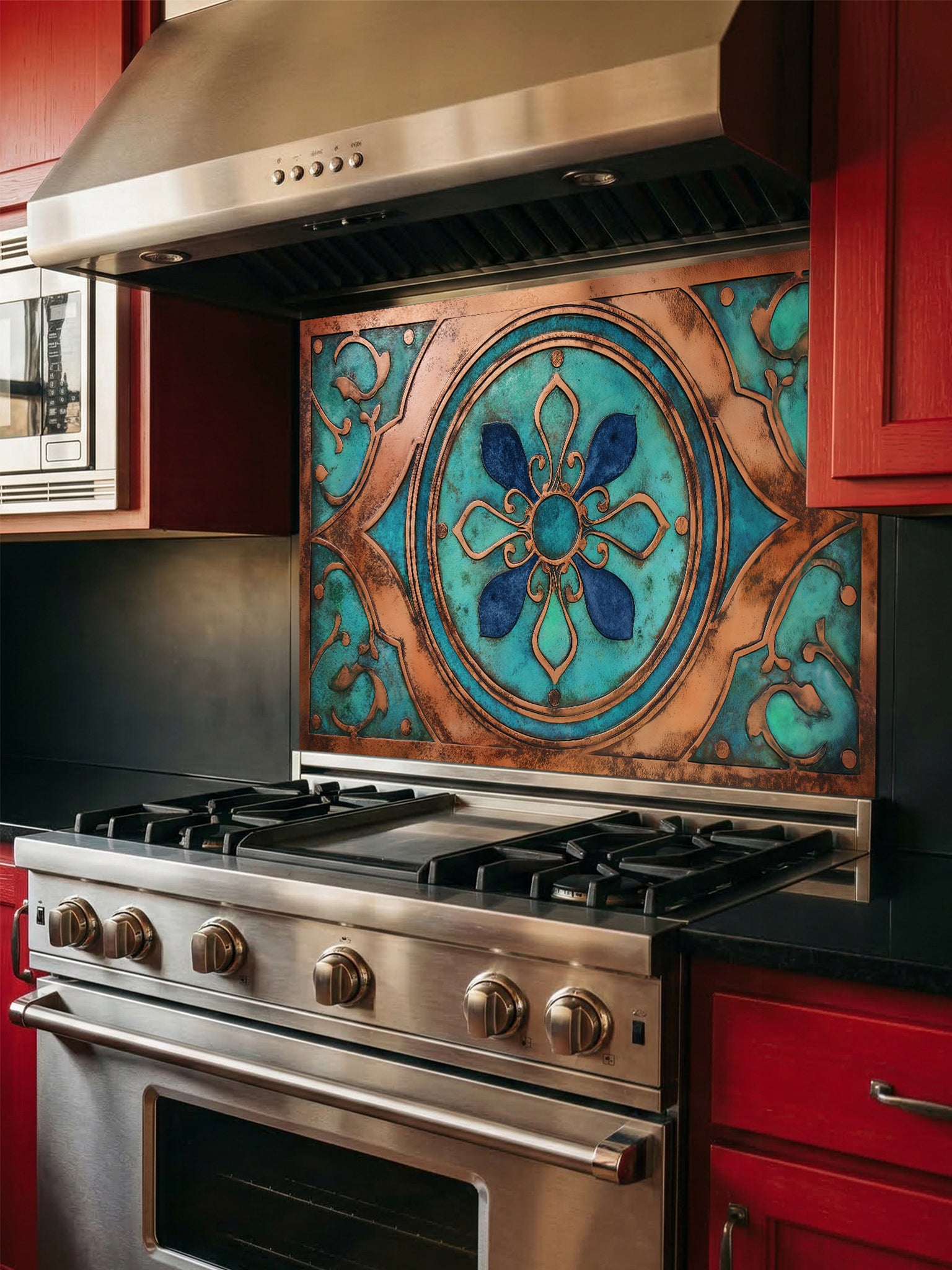 Tempered glass kitchen backsplash featuring a highly realistic 3D faux metal design of an ornate Moroccan floral mandala in oxidized copper with rich teal patina accents, installed behind a modern stainless steel stove.