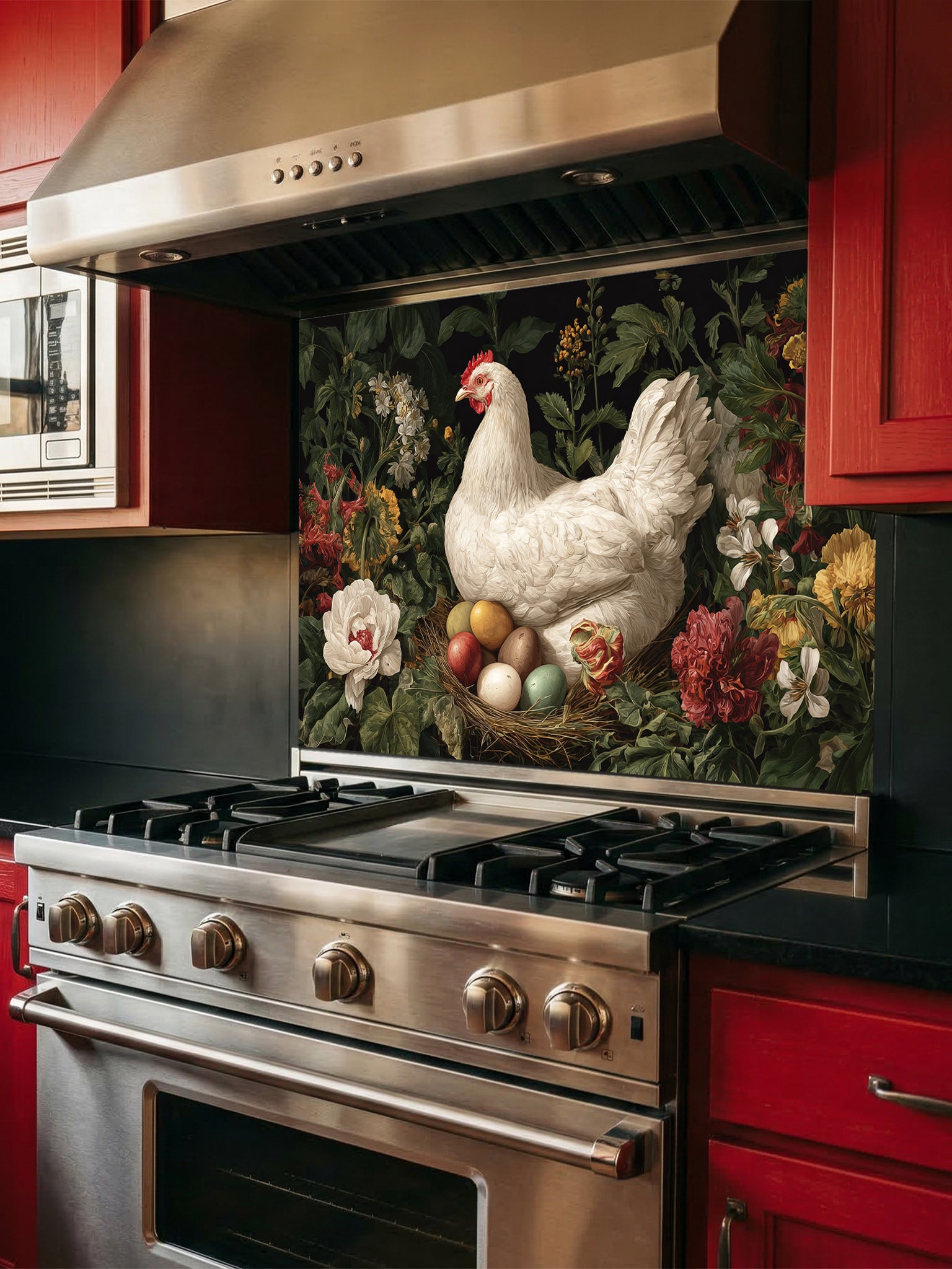 Stainless steel oven with decorative glass backsplash featuring a chicken and eggs in a kitchen setting.
