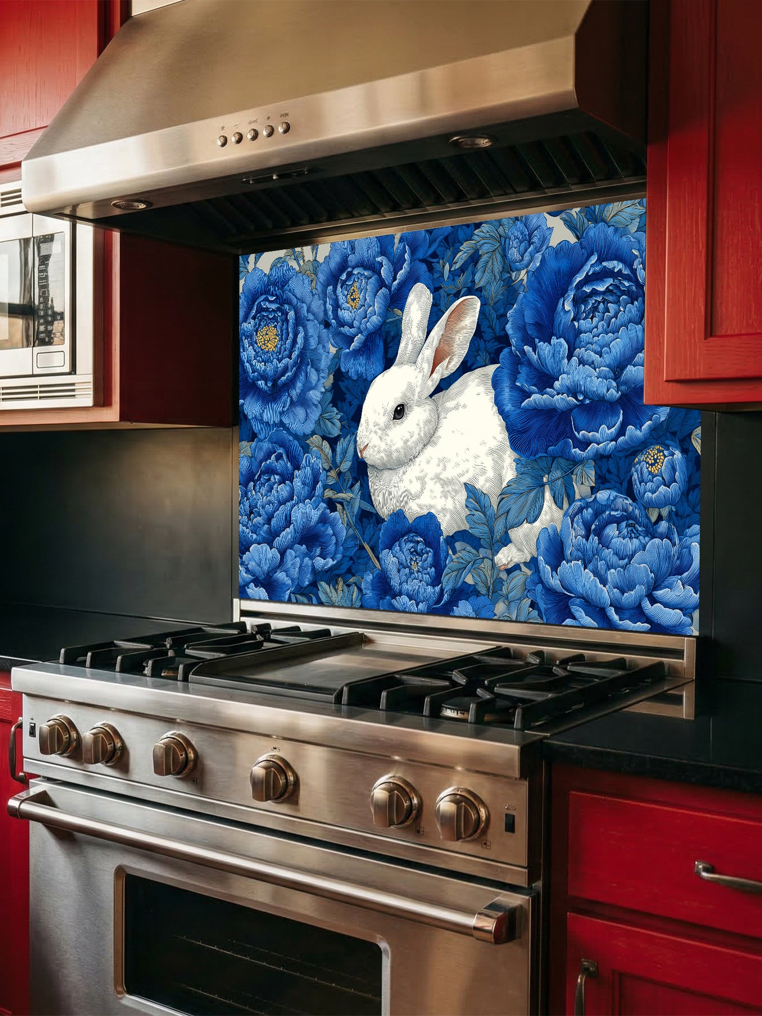 Vintage style illustration of a white rabbit sitting among large deep blue peony flowers, UV printed on a smooth tempered glass kitchen backsplash, installed behind a modern stove.