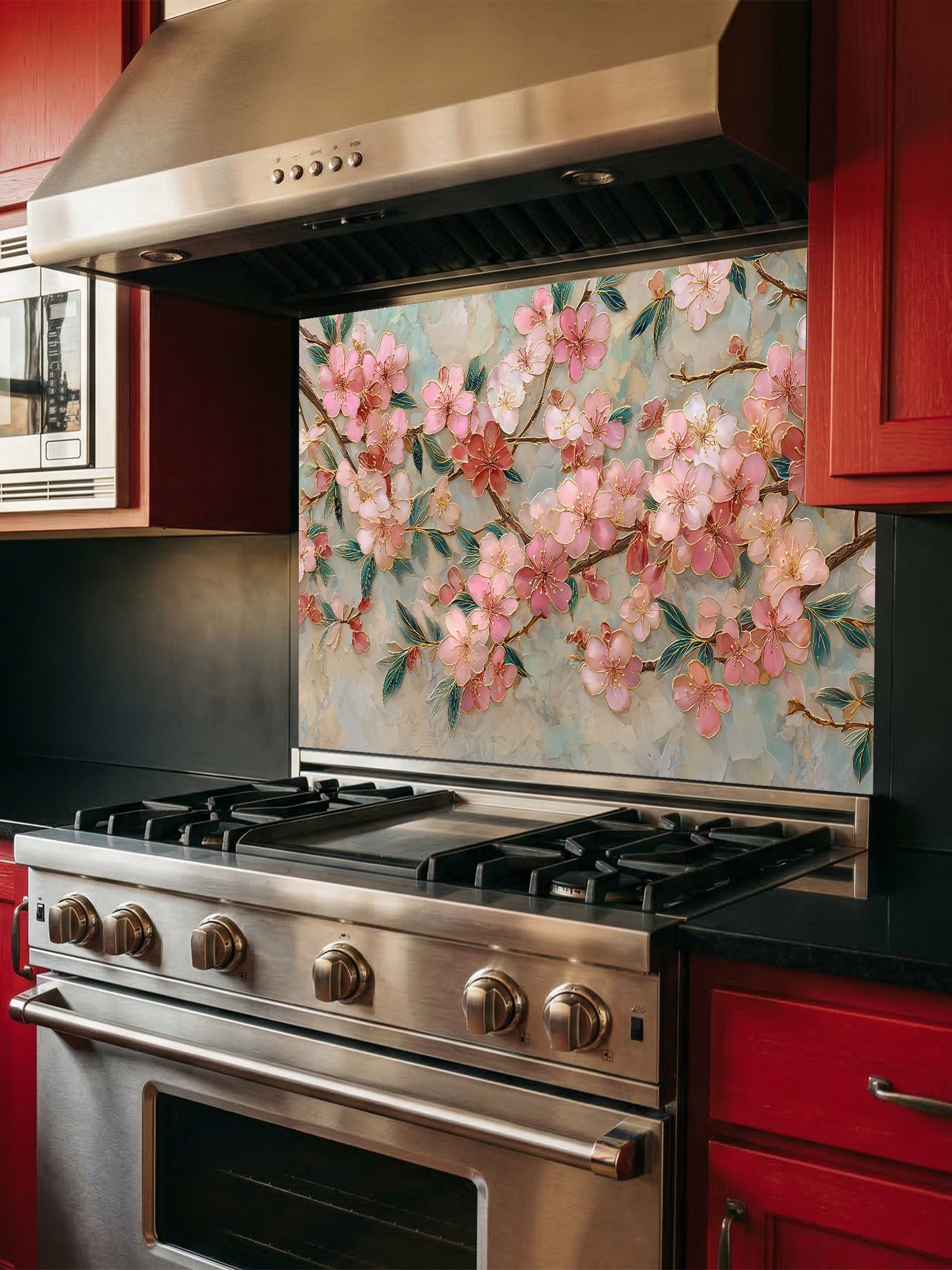 Faux 3D effect glossy pink cherry blossom branches with golden metallic outlines on a soft teal marble background, UV printed on a smooth tempered glass kitchen backsplash.